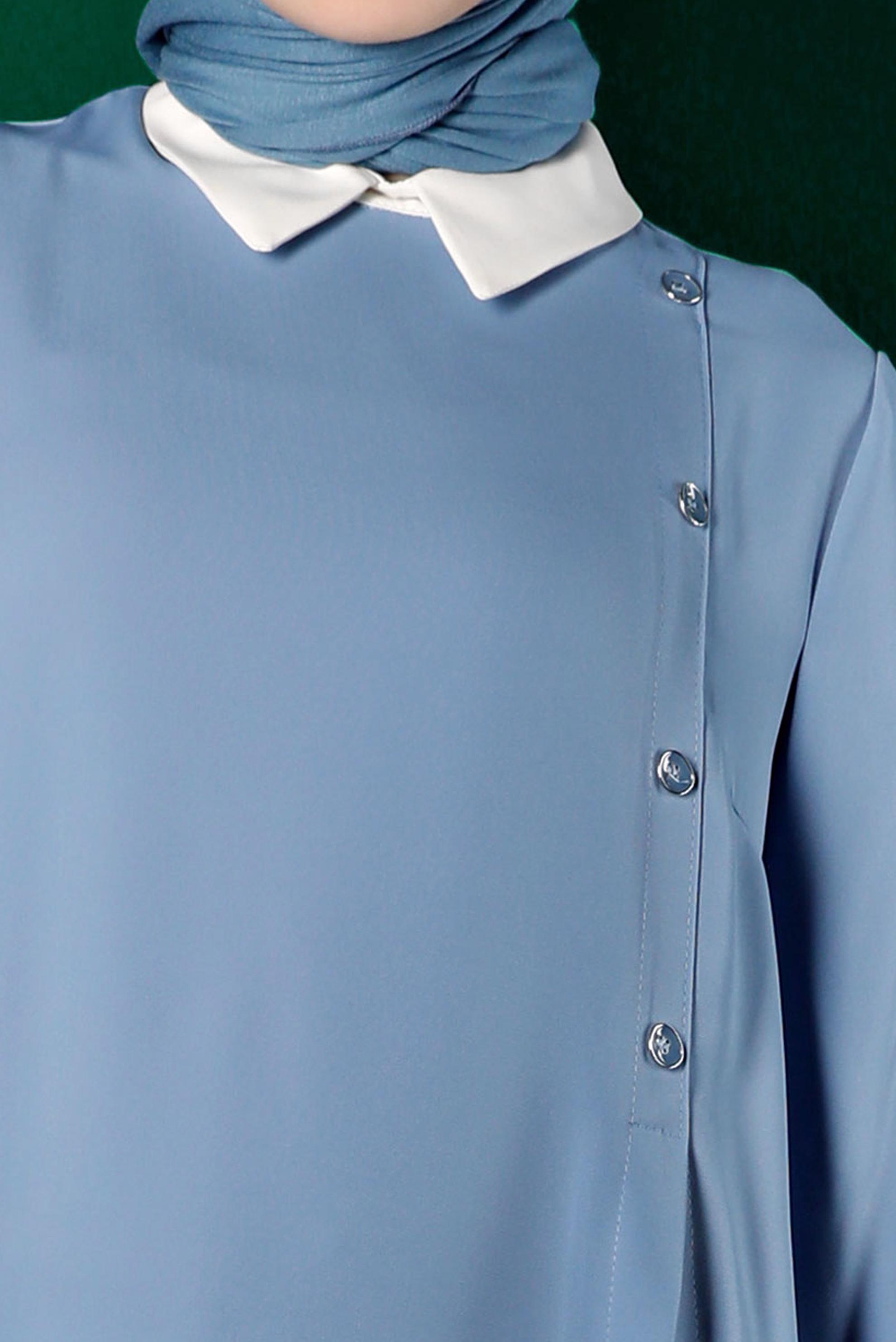 Tesettür giyim MAVİ PİLİSE DETAYLI DÜĞMELİ TUNİK 43284