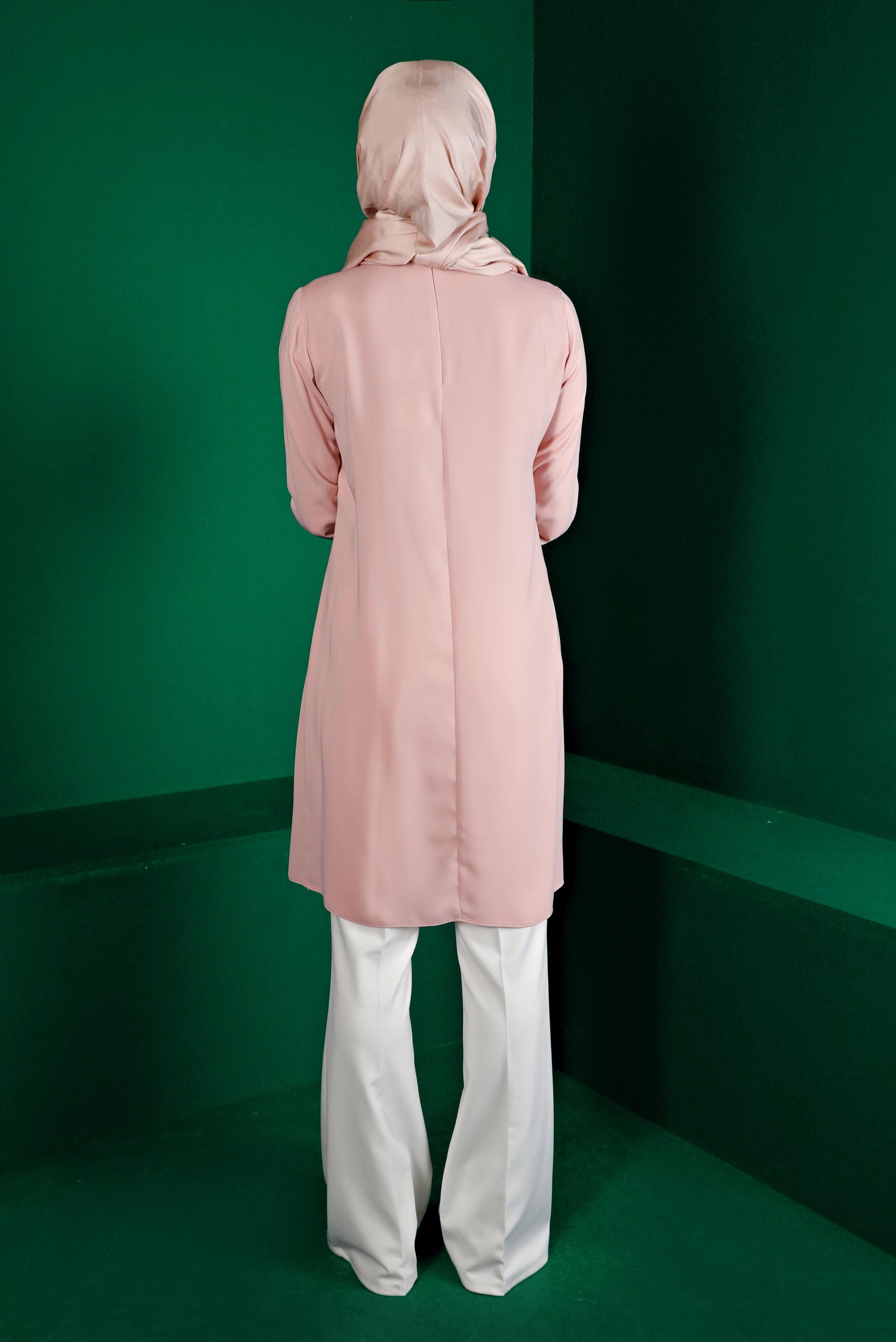 Tesettür giyim PUDRA PİLİSE DETAYLI DÜĞMELİ TUNİK 43284