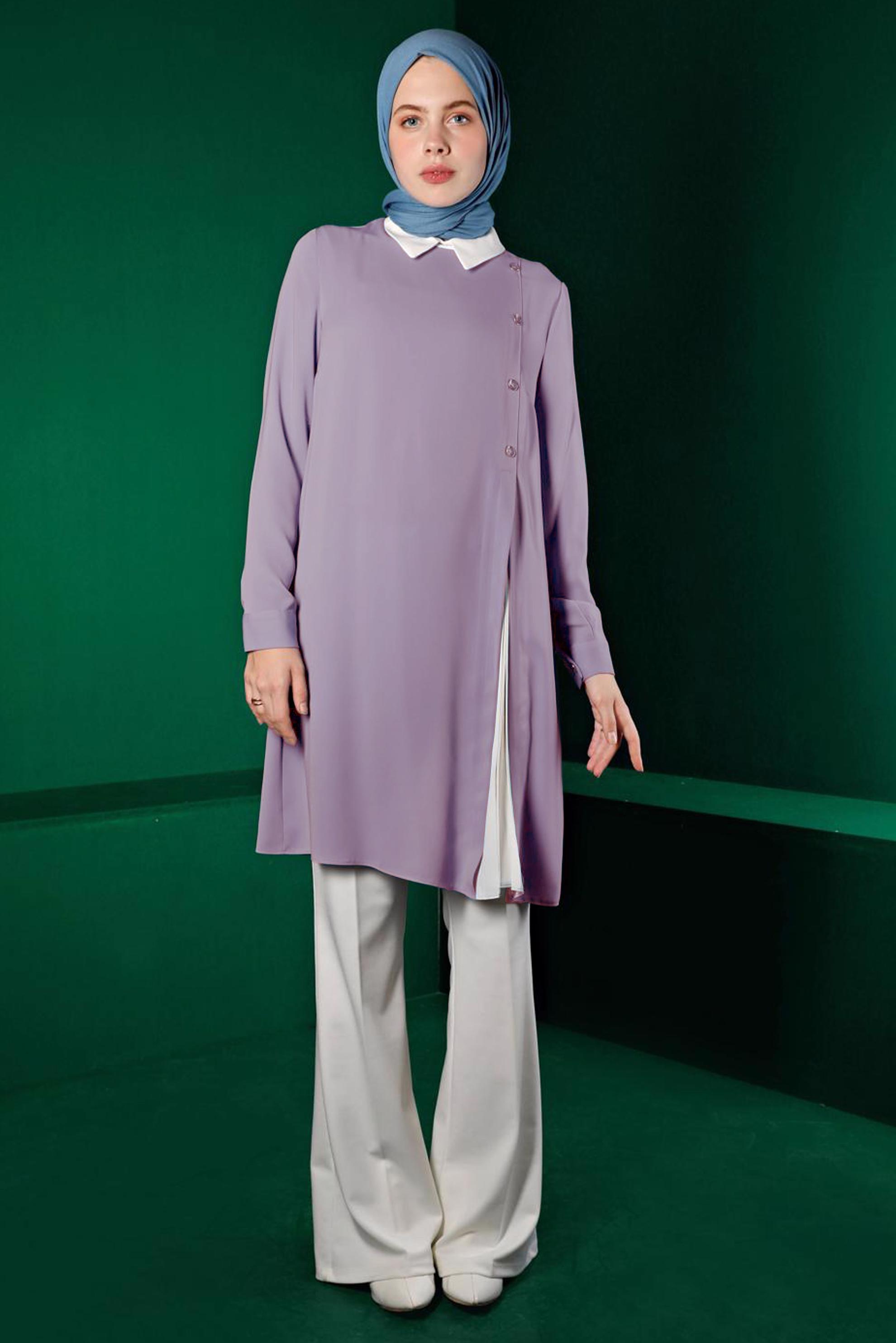 Tesettür giyim MOR PİLİSE DETAYLI DÜĞMELİ TUNİK 43284