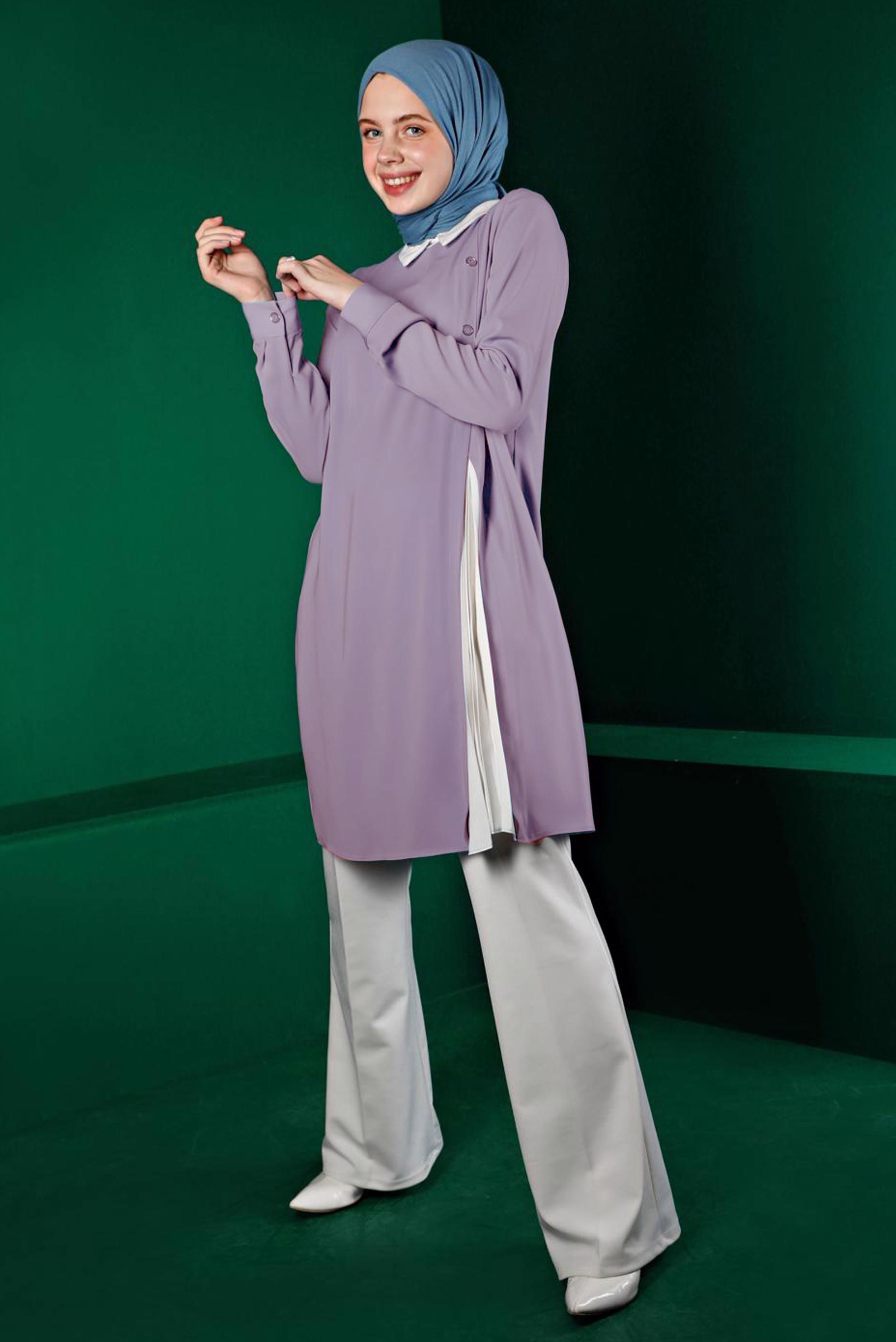 Tesettür giyim MOR PİLİSE DETAYLI DÜĞMELİ TUNİK 43284