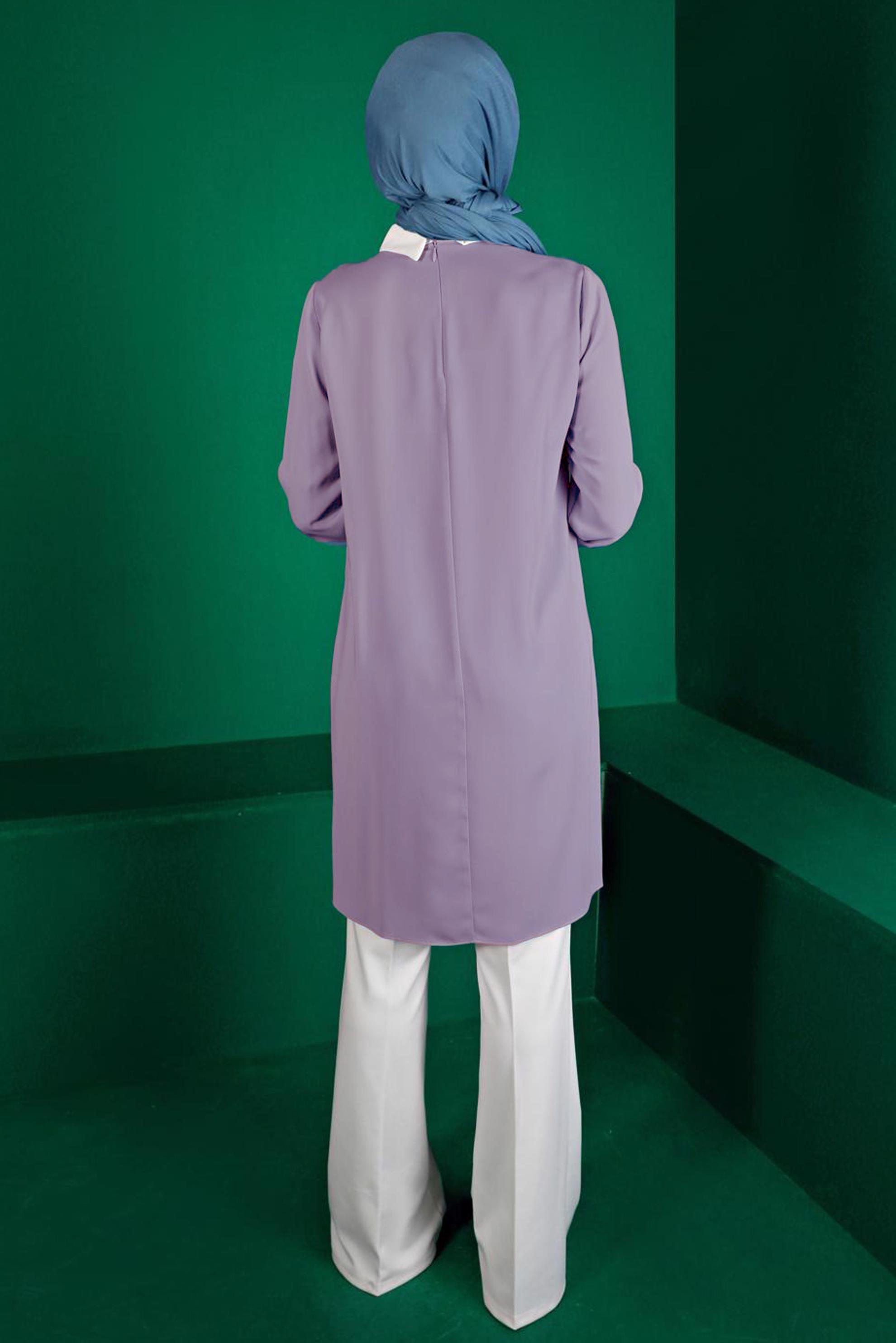 Tesettür giyim MOR PİLİSE DETAYLI DÜĞMELİ TUNİK 43284