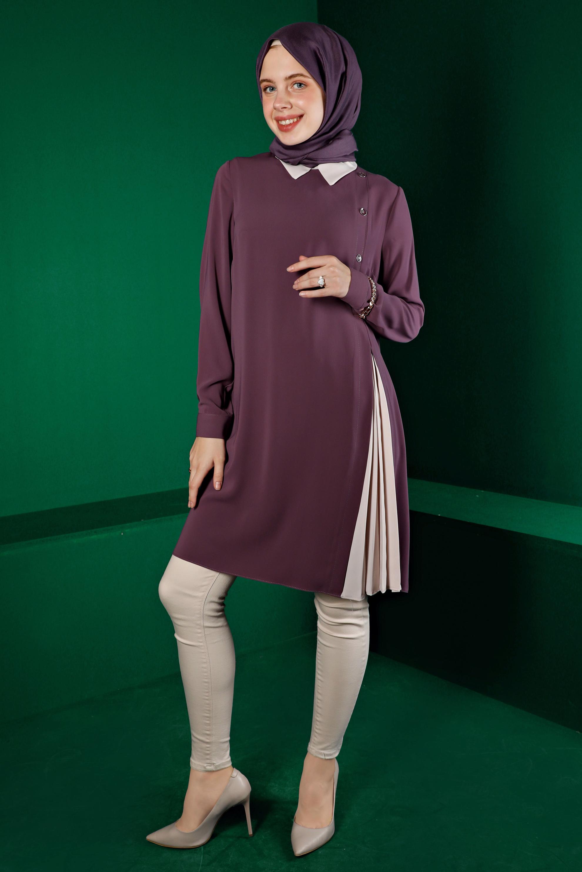 Tesettür giyim MOR PİLİSE DETAYLI DÜĞMELİ TUNİK 43284