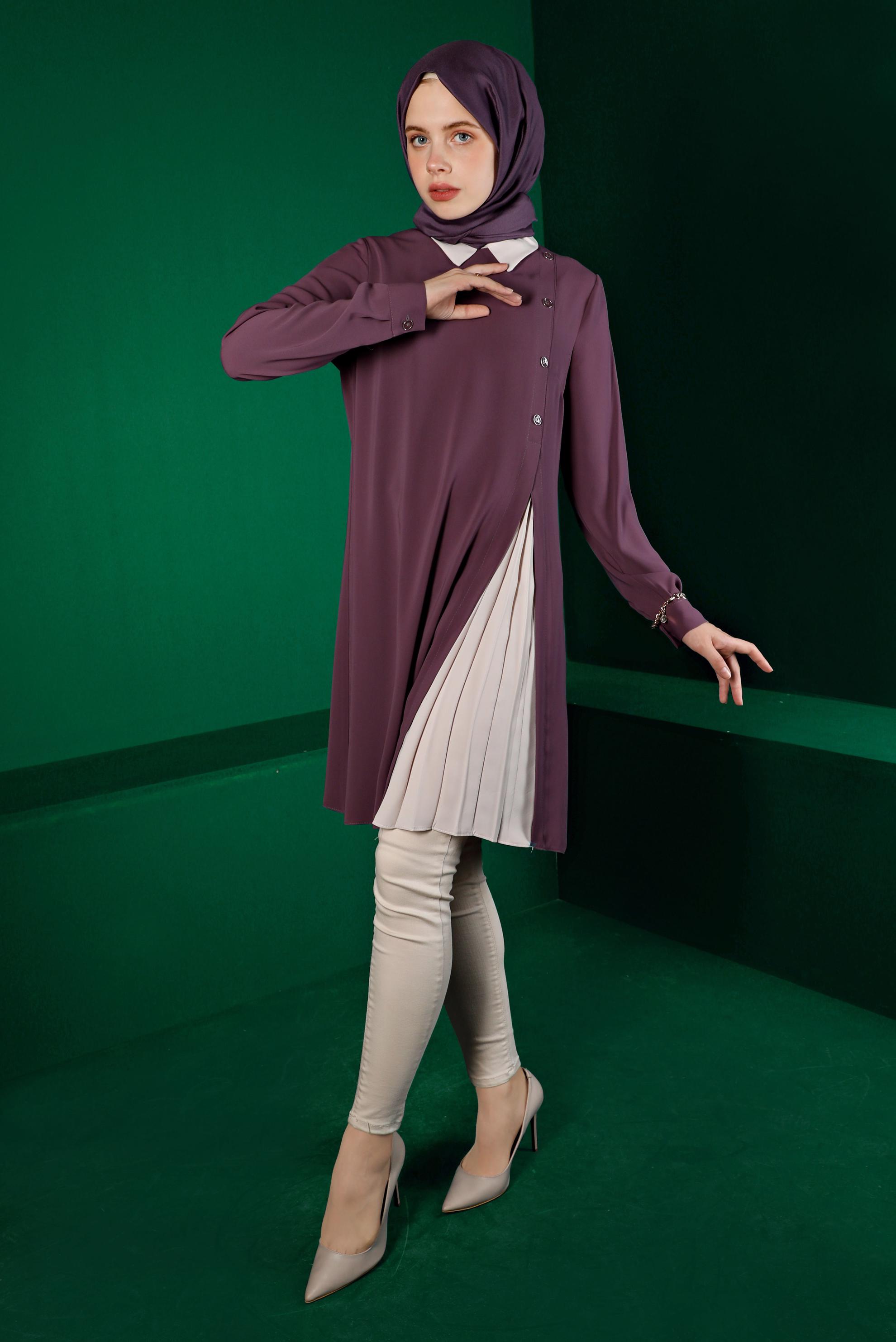 Tesettür giyim MOR PİLİSE DETAYLI DÜĞMELİ TUNİK 43284