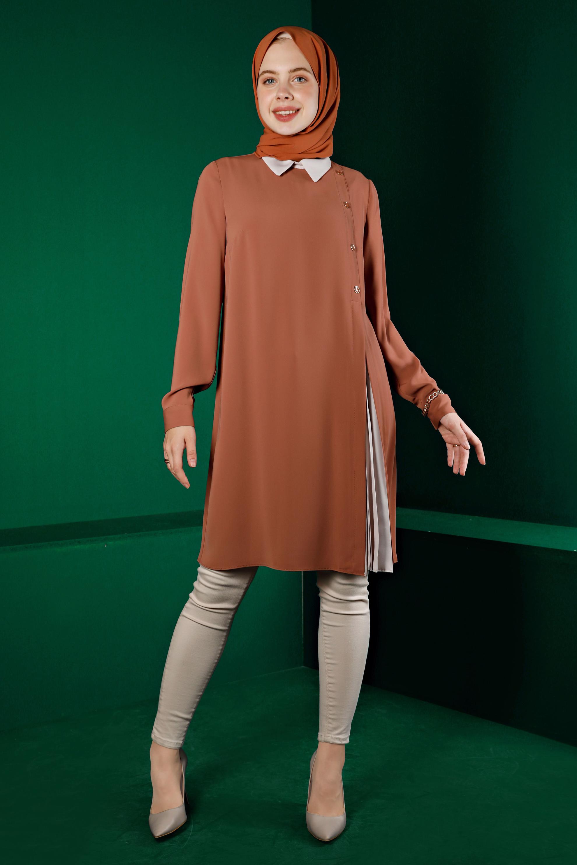 Tesettür giyim KAHVE PİLİSE DETAYLI DÜĞMELİ TUNİK 43284