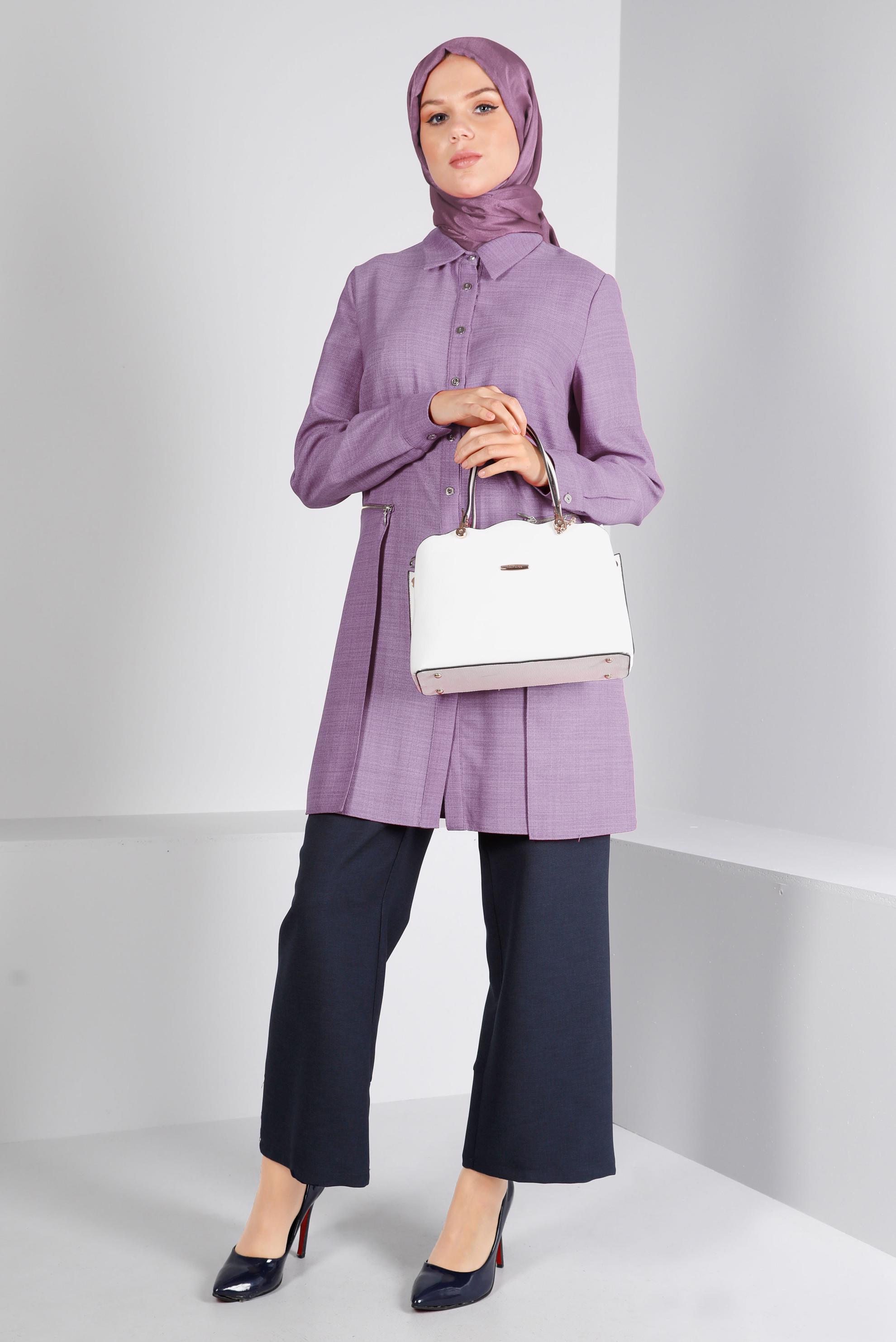 Tesettür giyim MOR FERMUARLI CEPLİ TUNİK 43285 