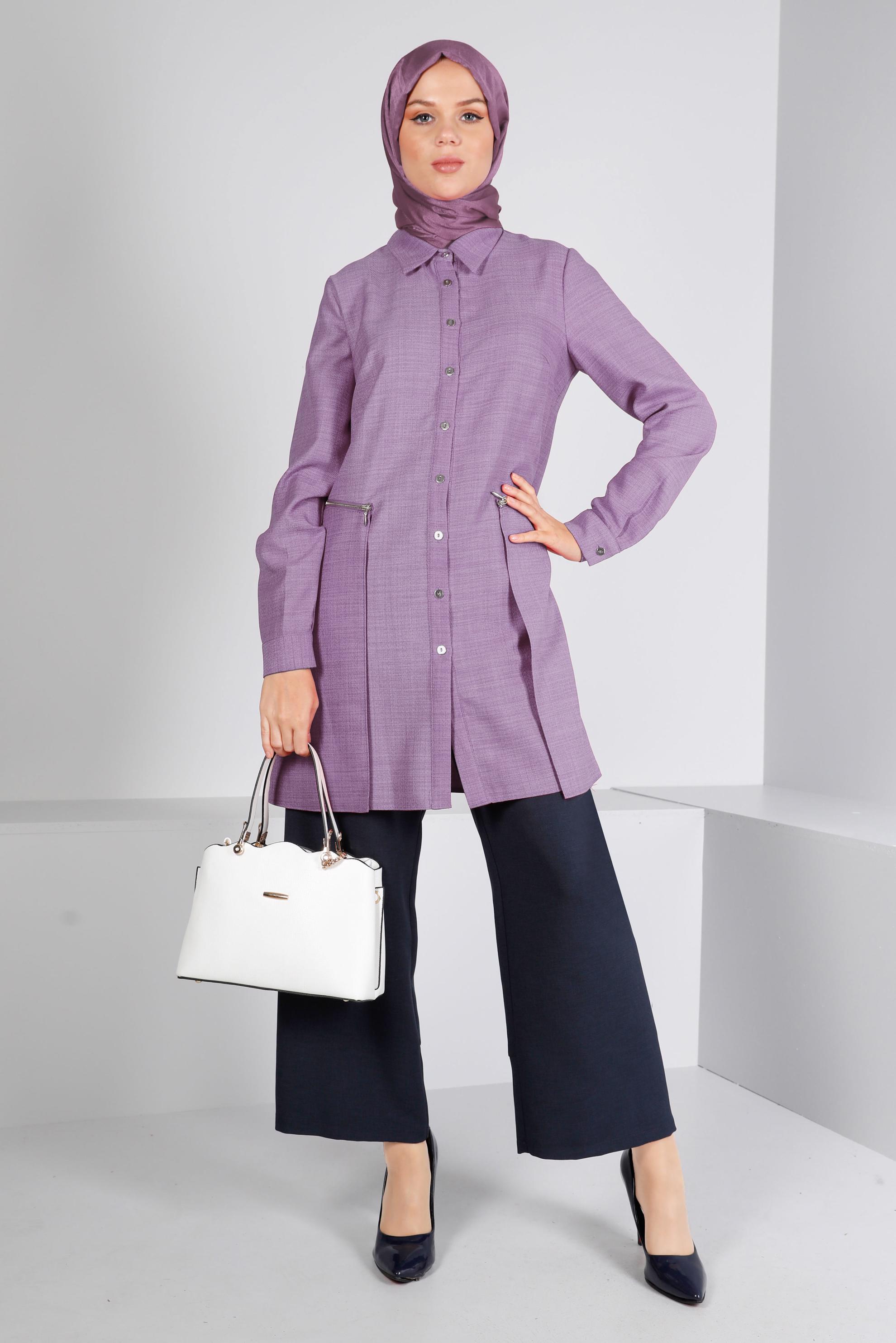 Tesettür giyim MOR FERMUARLI CEPLİ TUNİK 43285 