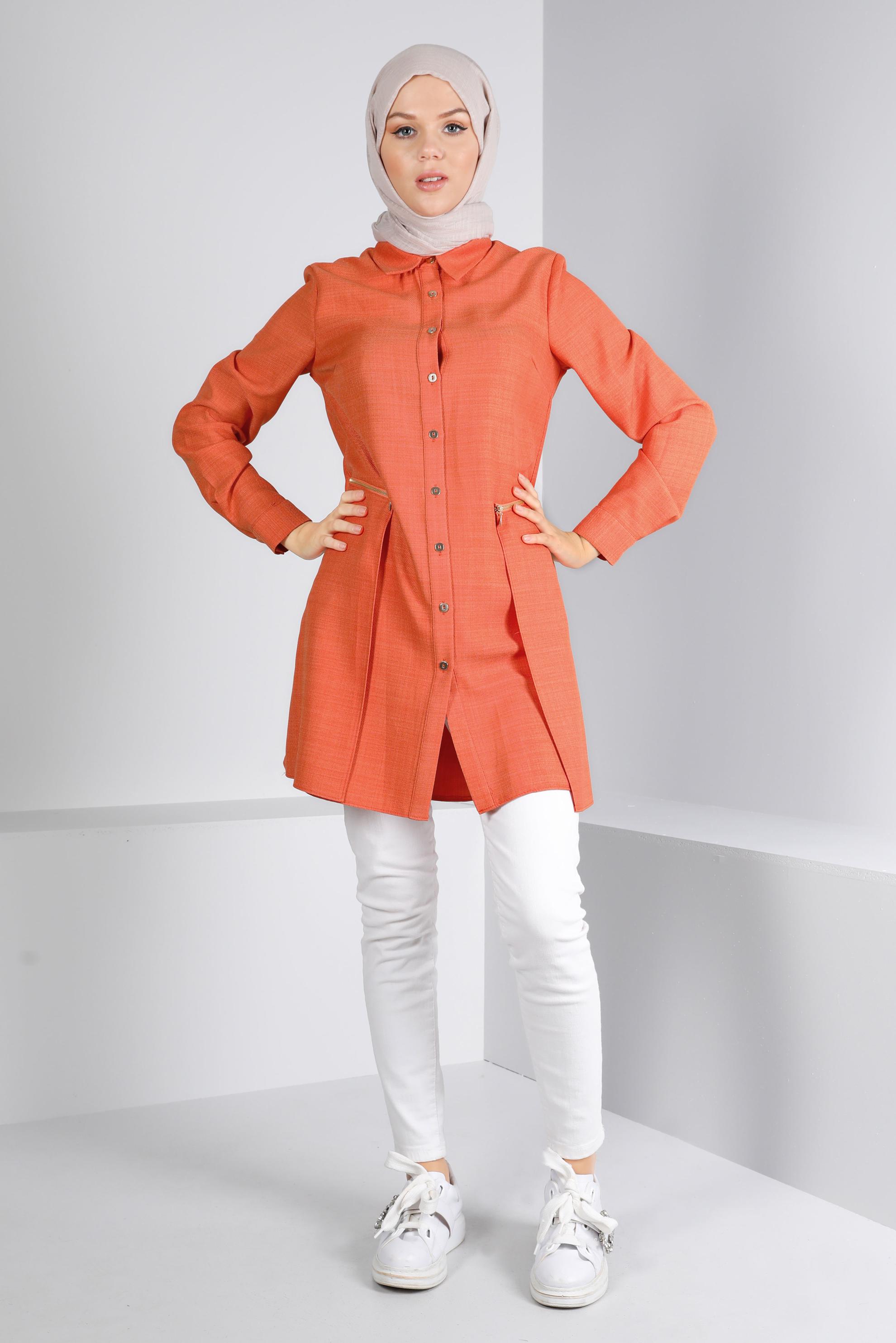 Tesettür giyim TURUNCU FERMUARLI CEPLİ TUNİK 43285 