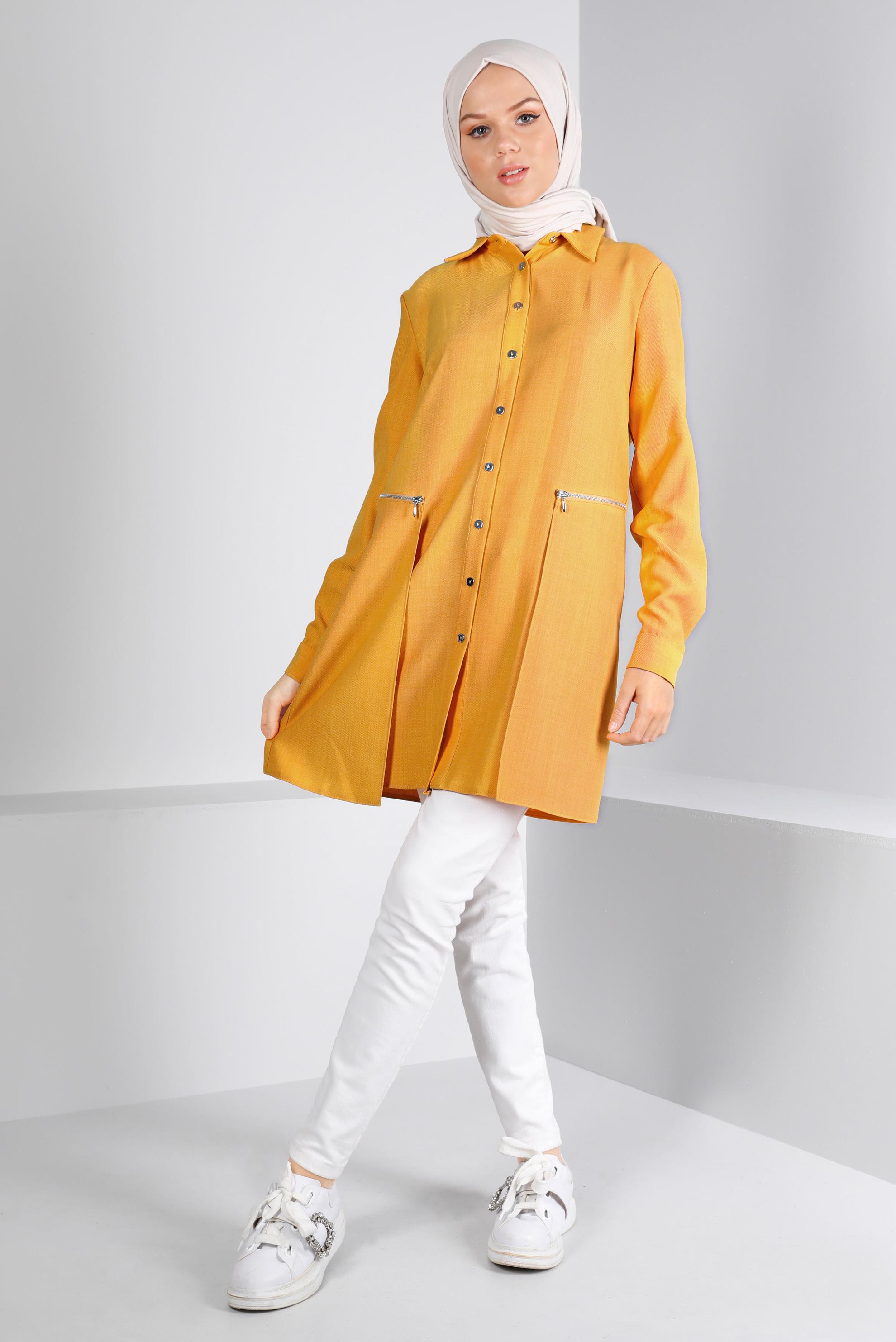 Tesettür giyim SARI FERMUARLI CEPLİ TUNİK 43285 