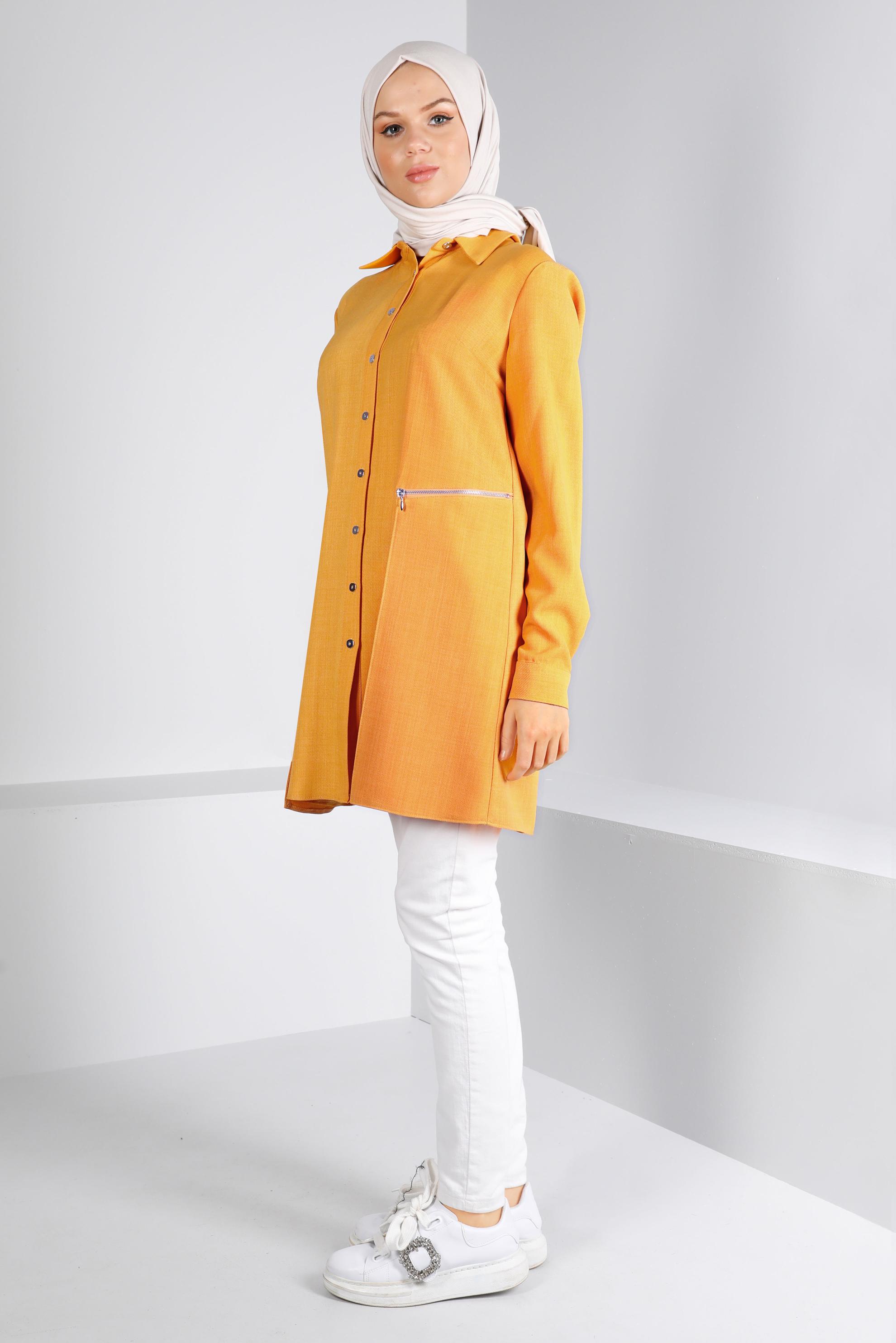 Tesettür giyim SARI FERMUARLI CEPLİ TUNİK 43285 