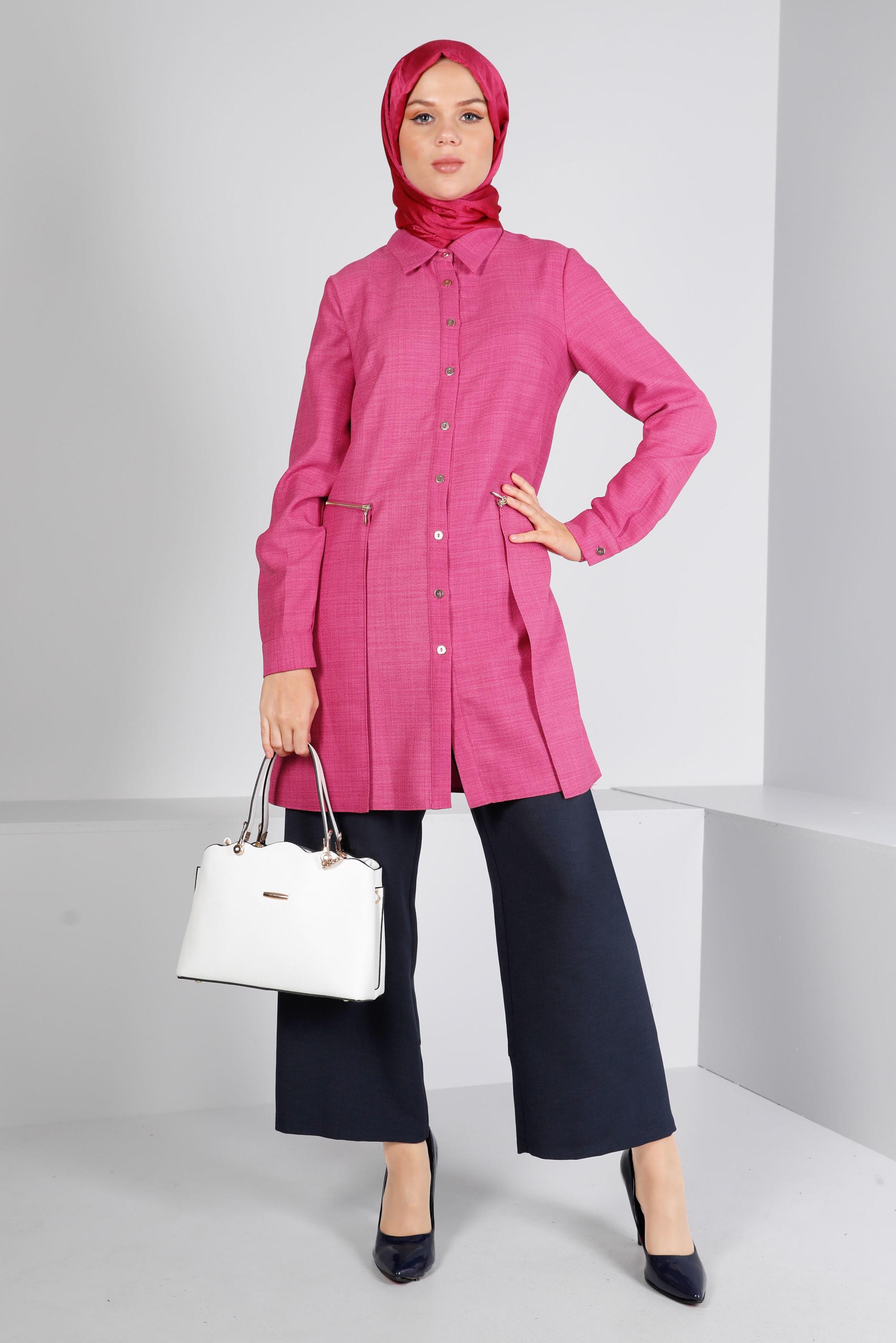 Tesettür giyim FUŞYA FERMUARLI CEPLİ TUNİK 43285 