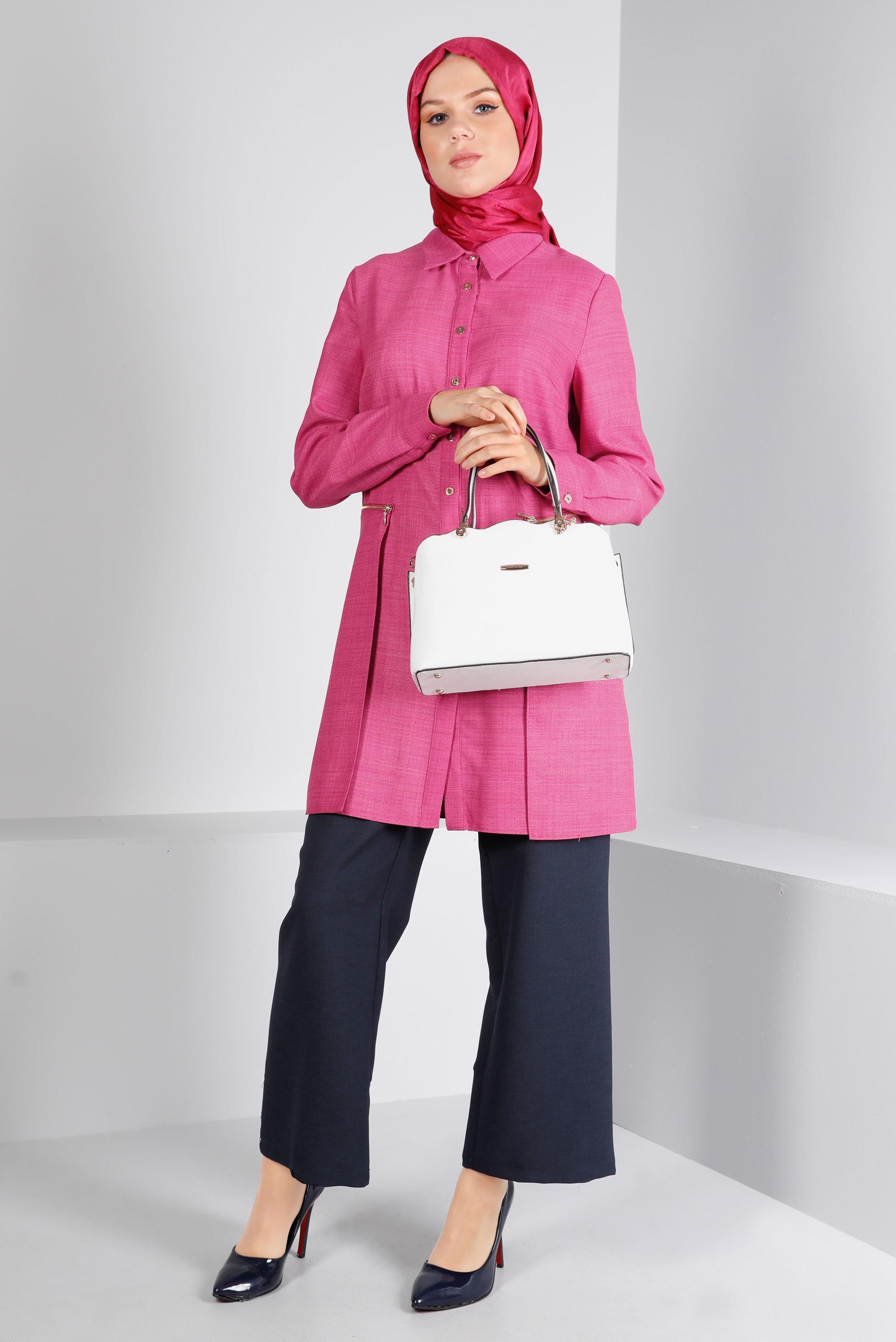 Tesettür giyim FUŞYA FERMUARLI CEPLİ TUNİK 43285 