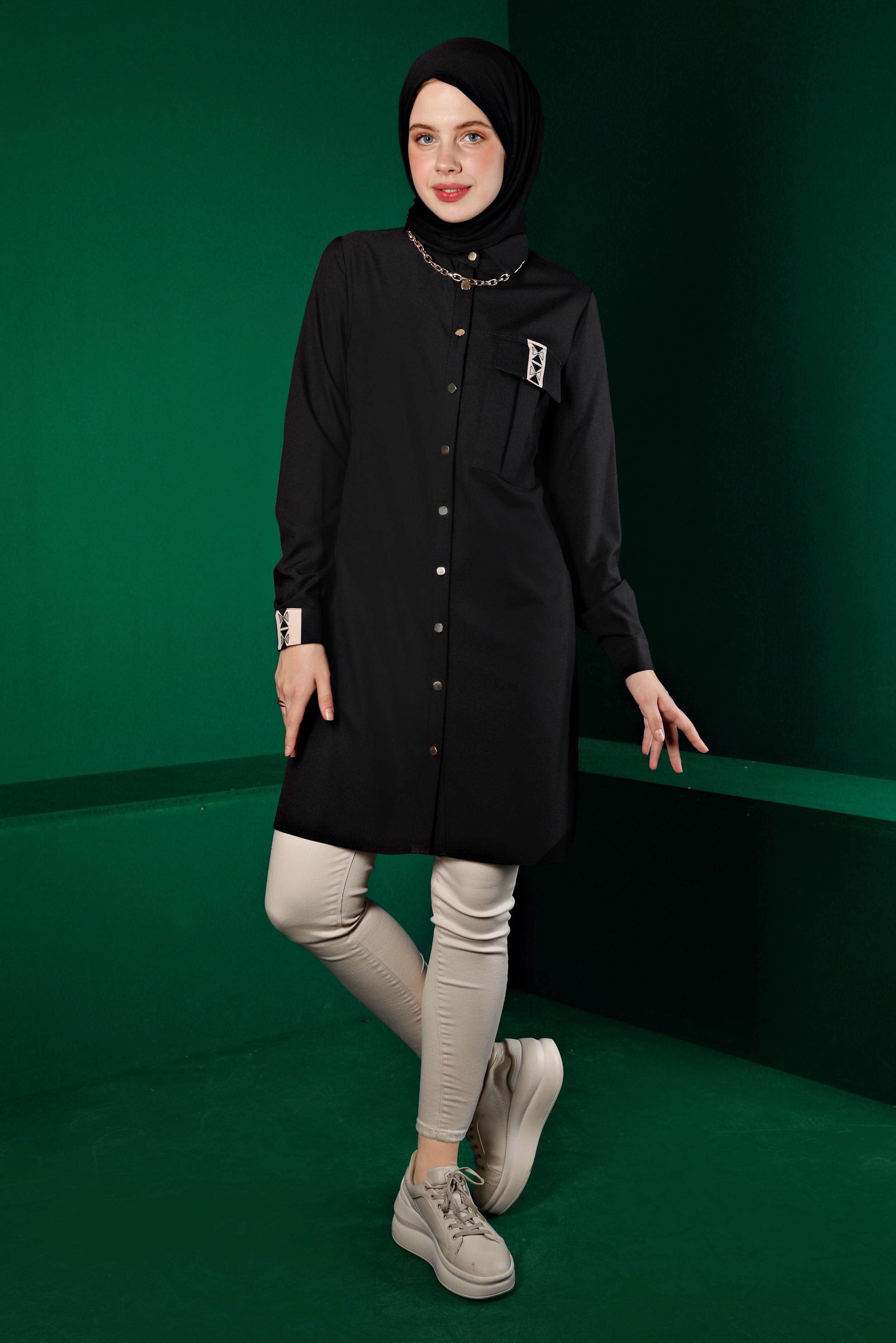 Tesettür giyim SİYAH NAKIŞ DETAYLI DÜĞMELİ TUNİK 43286 