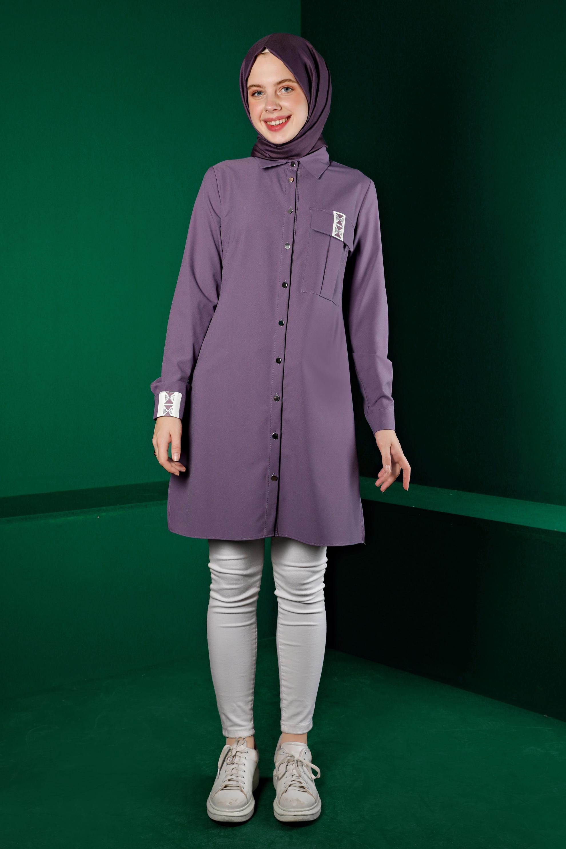 Vêtements hijab POURPRE TUNIQUE BOUTONNÉE DÉTAIL BRODERIE 43286