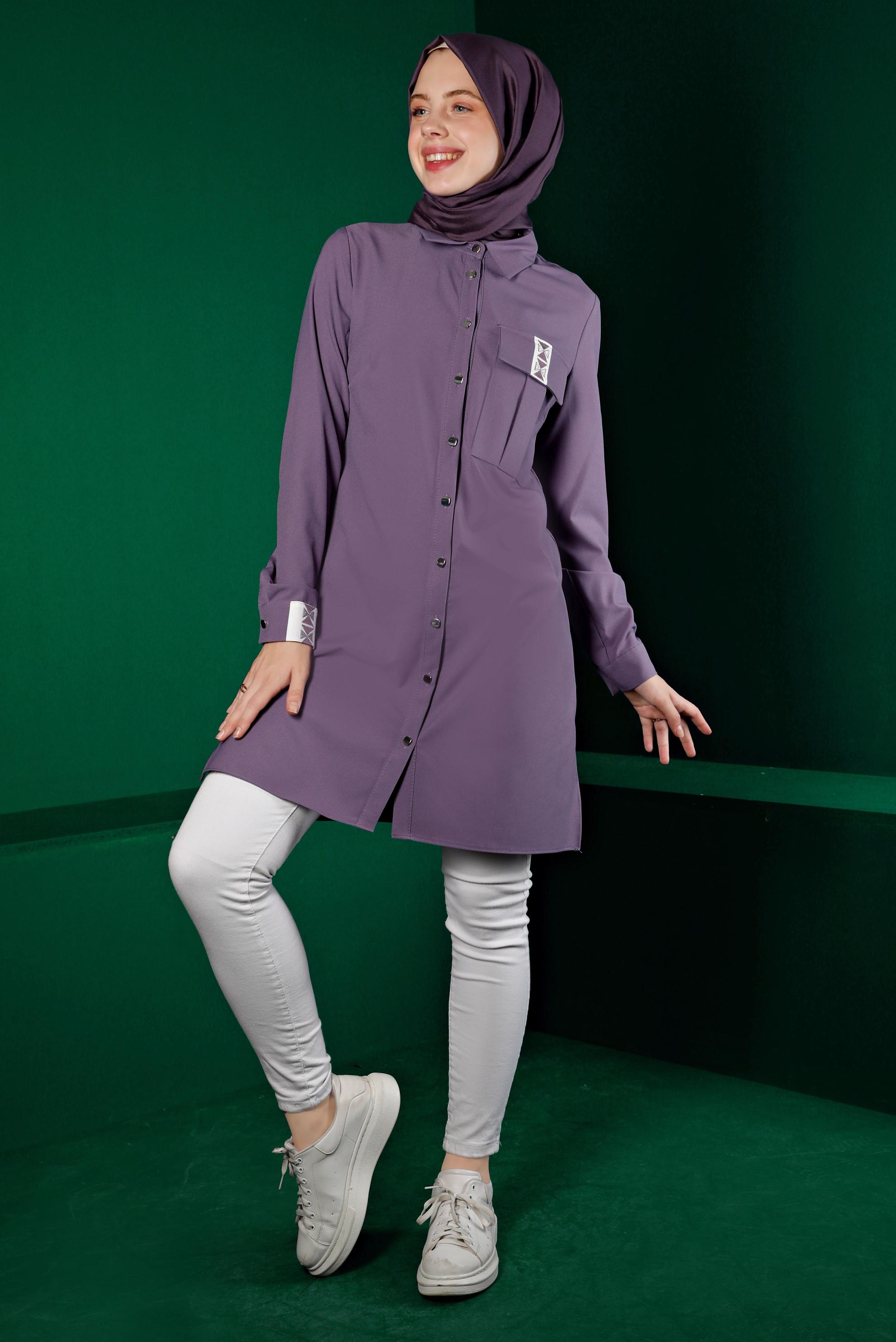Vêtements hijab POURPRE TUNIQUE BOUTONNÉE DÉTAIL BRODERIE 43286