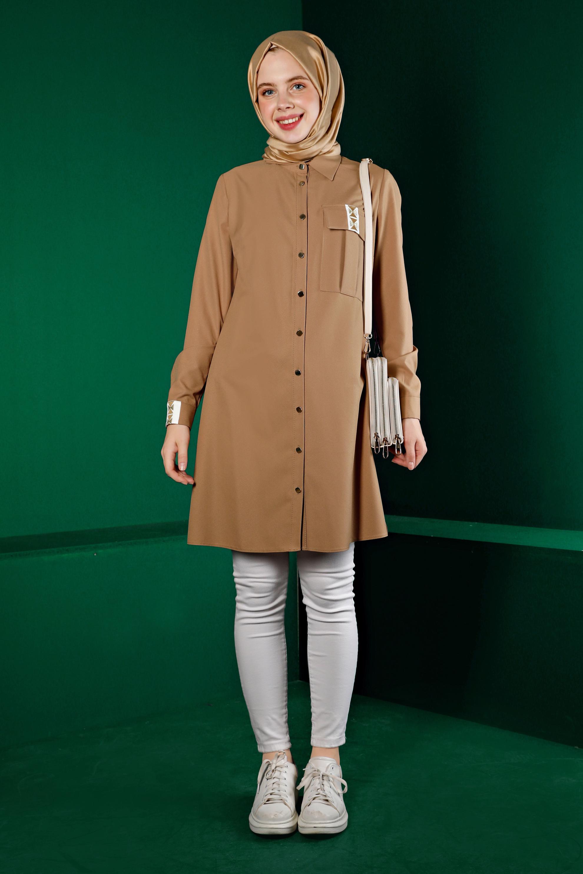 Vêtements hijab BRUN TUNIQUE BOUTONNÉE DÉTAIL BRODERIE 43286
