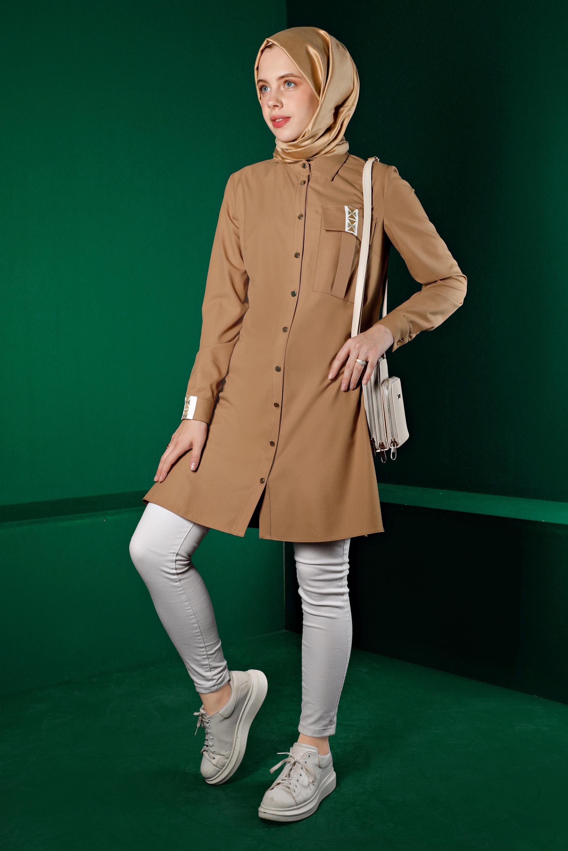 Vêtements hijab BRUN TUNIQUE BOUTONNÉE DÉTAIL BRODERIE 43286