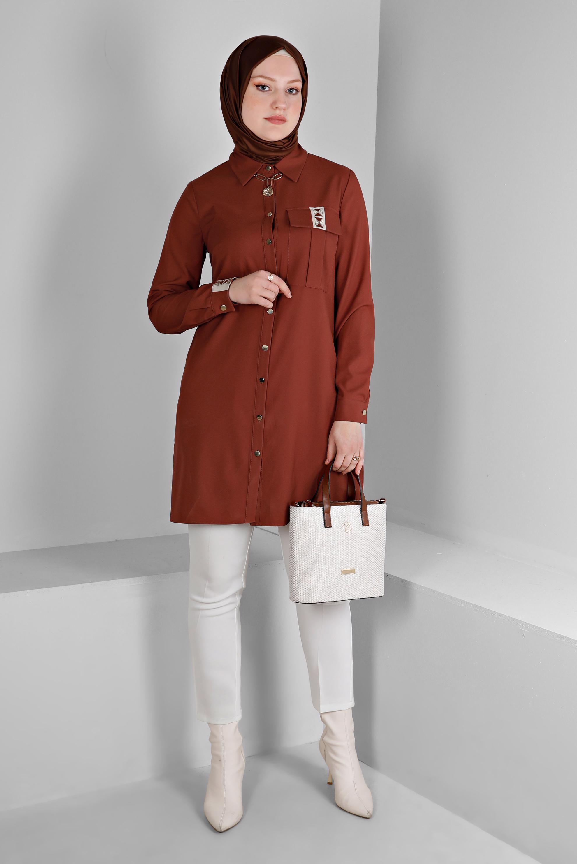 Tesettür giyim TURUNCU NAKIŞ DETAYLI DÜĞMELİ TUNİK 43286 