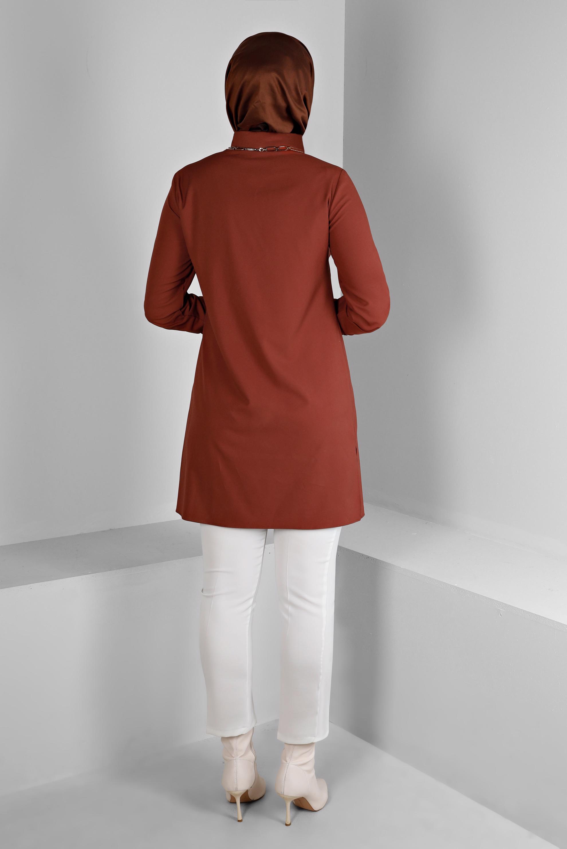 Tesettür giyim TURUNCU NAKIŞ DETAYLI DÜĞMELİ TUNİK 43286 