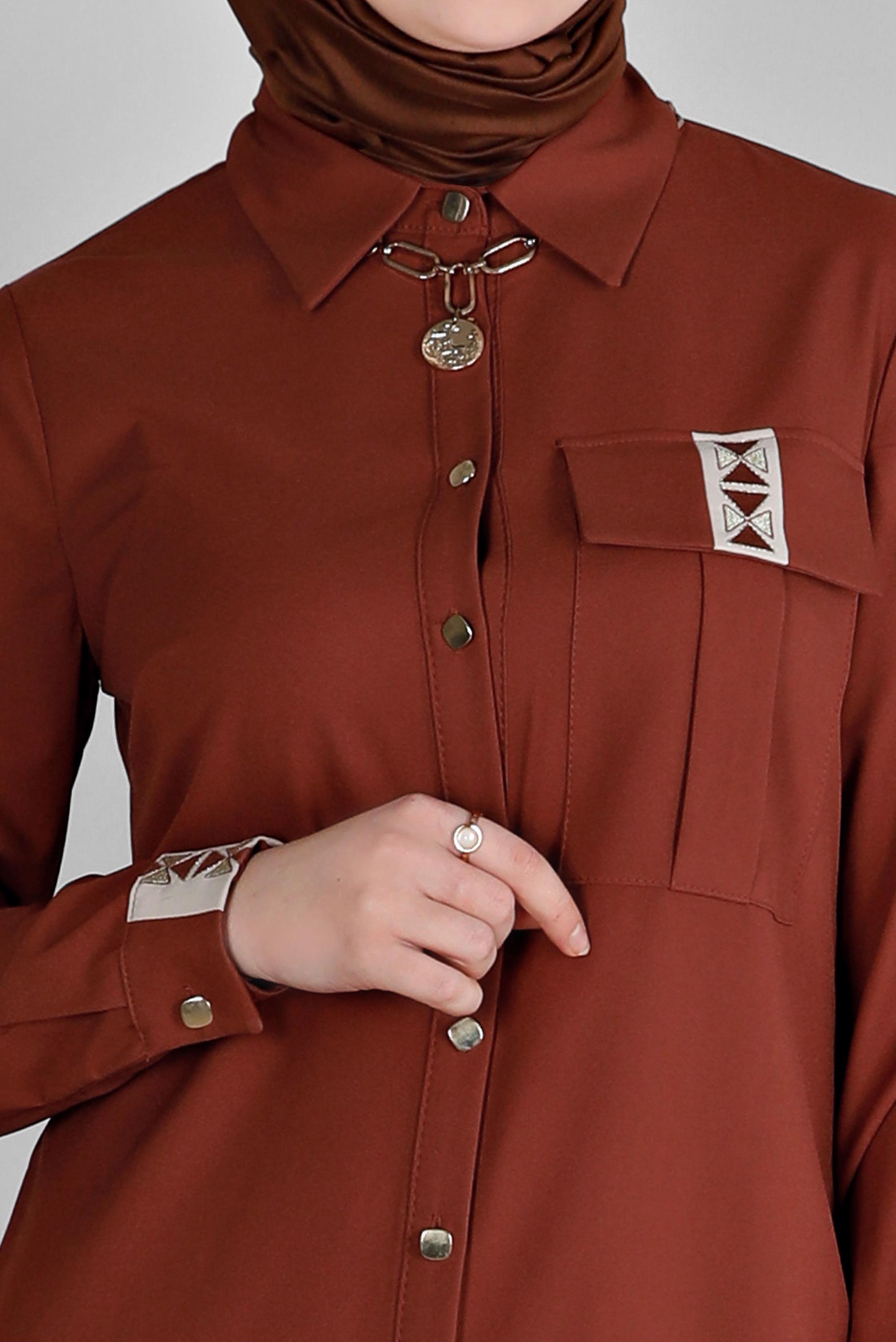 Tesettür giyim TURUNCU NAKIŞ DETAYLI DÜĞMELİ TUNİK 43286 