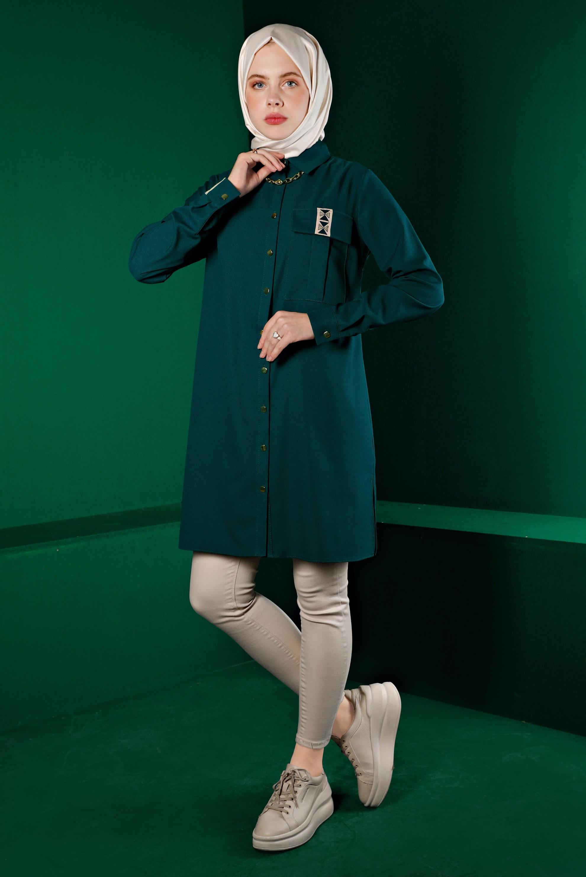 Vêtements hijab VERT TUNIQUE BOUTONNÉE DÉTAIL BRODERIE 43286