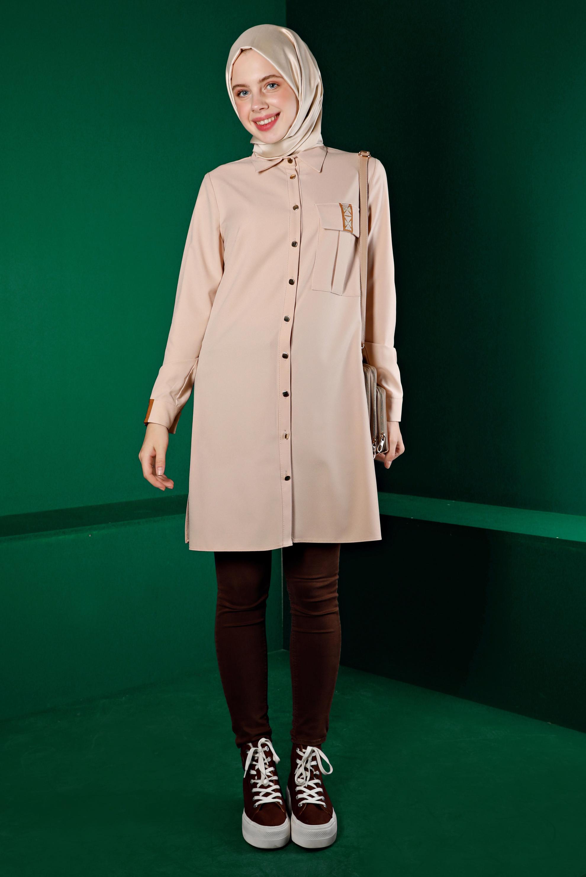 Tesettür giyim EKRU NAKIŞ DETAYLI DÜĞMELİ TUNİK 43286 