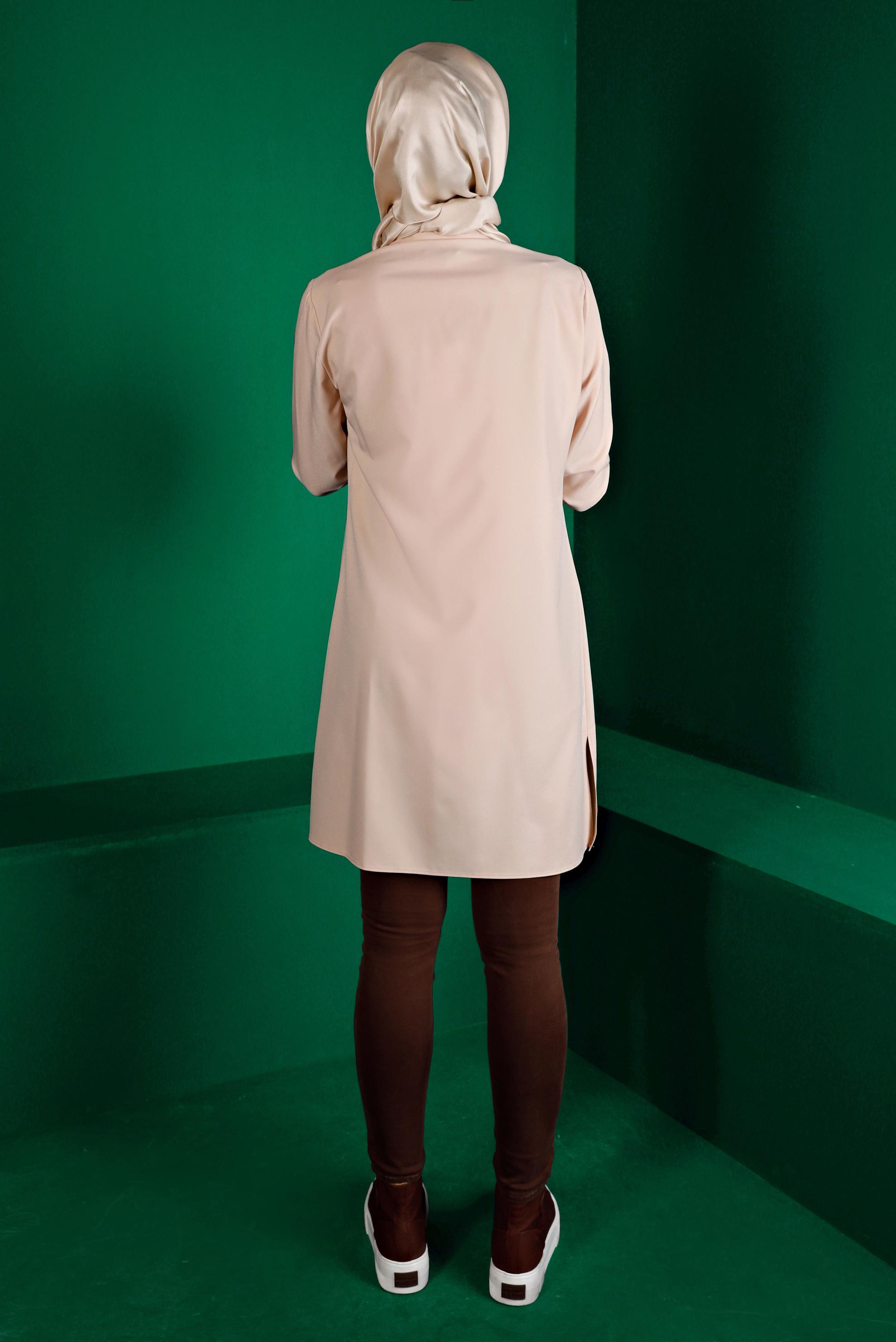 Tesettür giyim EKRU NAKIŞ DETAYLI DÜĞMELİ TUNİK 43286 