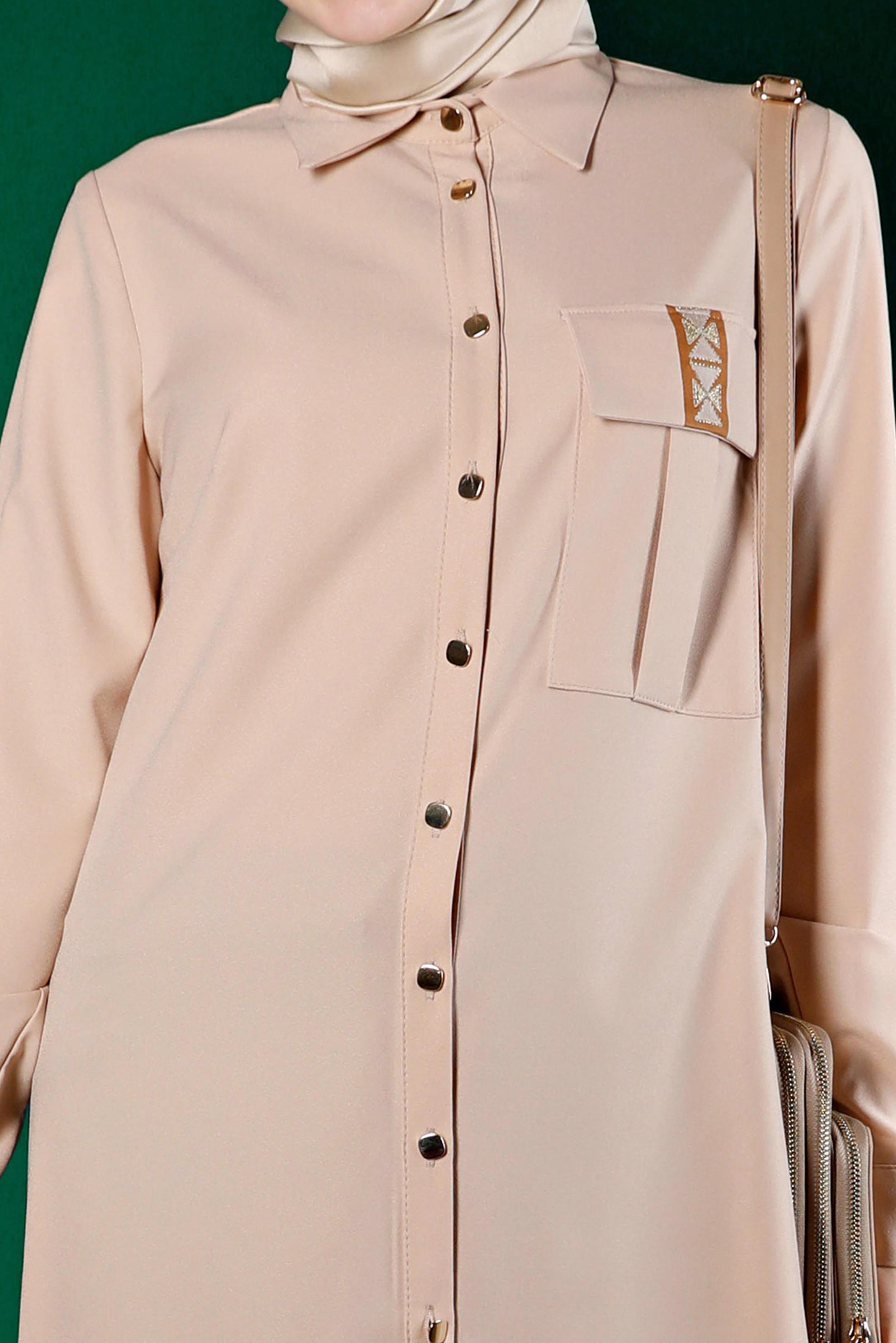 Tesettür giyim EKRU NAKIŞ DETAYLI DÜĞMELİ TUNİK 43286 