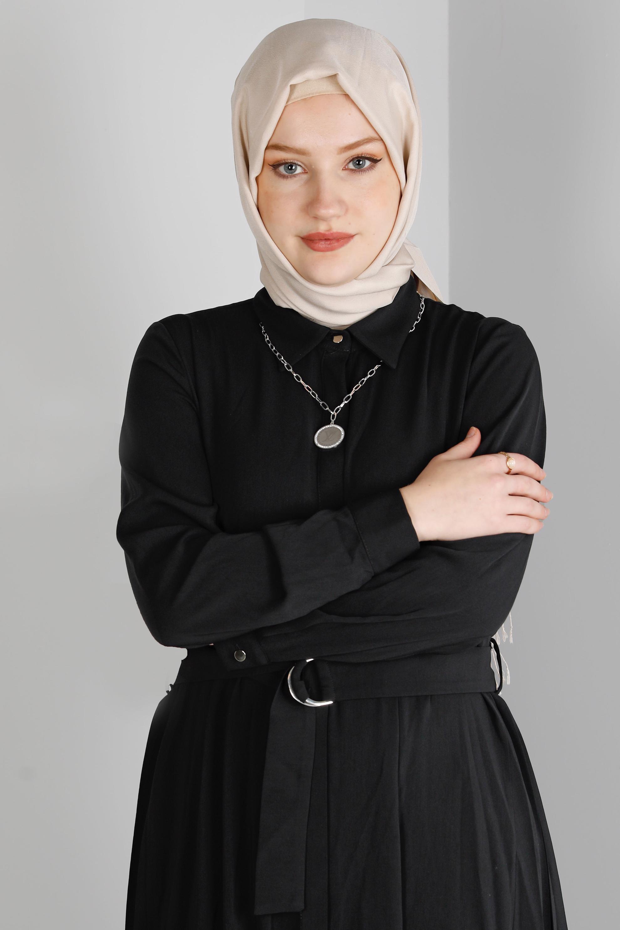 Vêtements hijab NOIR TUNIQUE AVEC CEINTURE ET DÉTAILS PLIS 43287