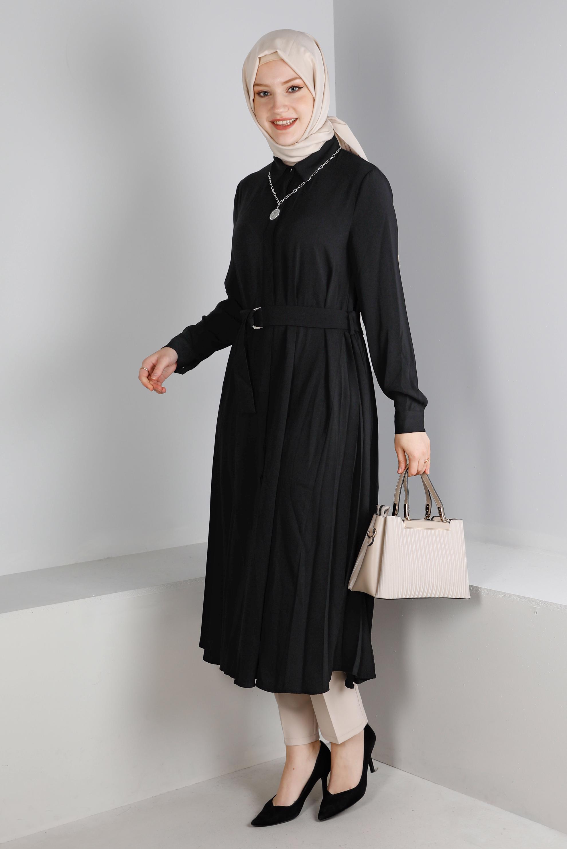 Vêtements hijab NOIR TUNIQUE AVEC CEINTURE ET DÉTAILS PLIS 43287