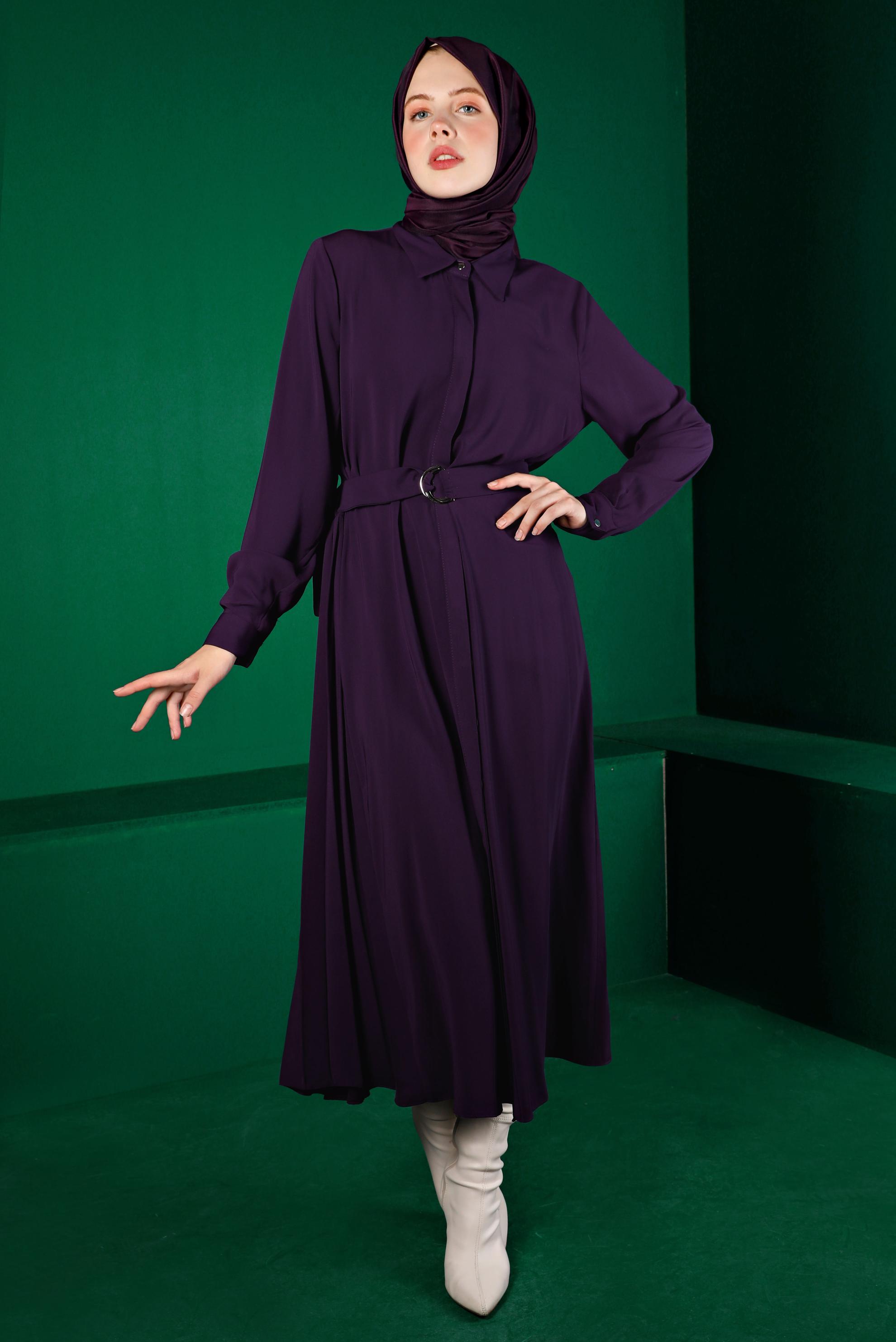 Tesettür giyim MOR PİLİSE DETAYLI KEMERLİ TUNİK 43287