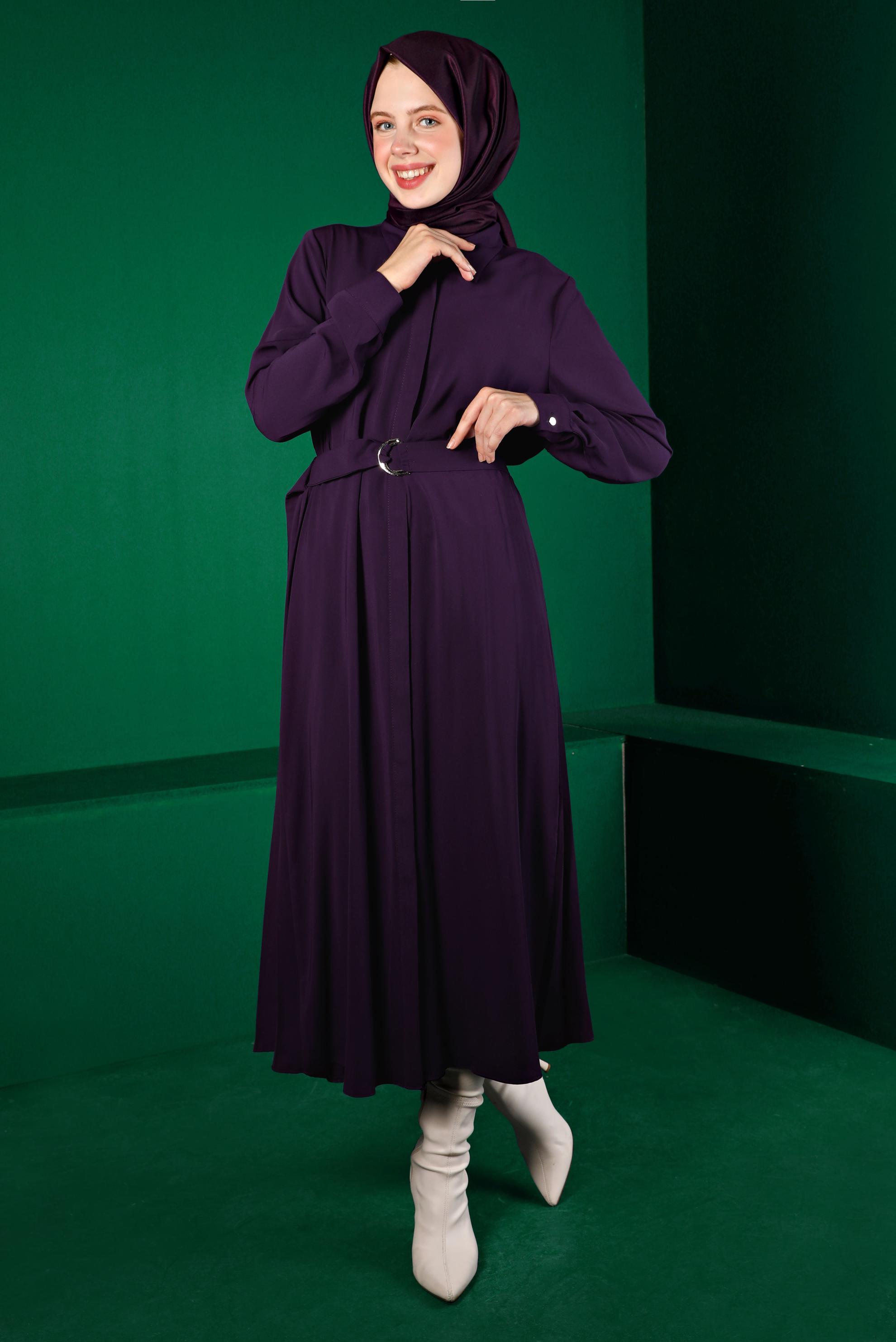 Tesettür giyim MOR PİLİSE DETAYLI KEMERLİ TUNİK 43287