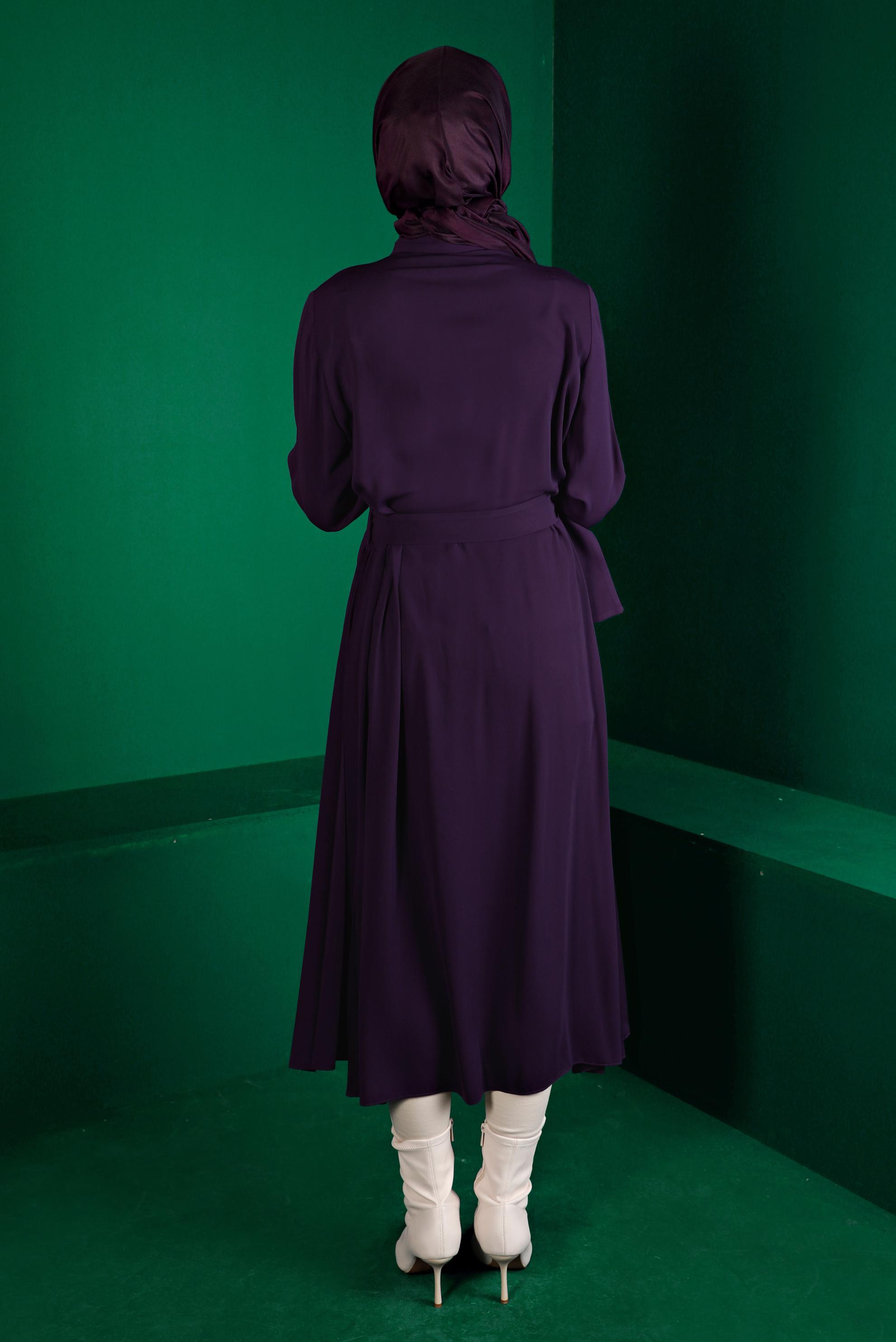 Tesettür giyim MOR PİLİSE DETAYLI KEMERLİ TUNİK 43287