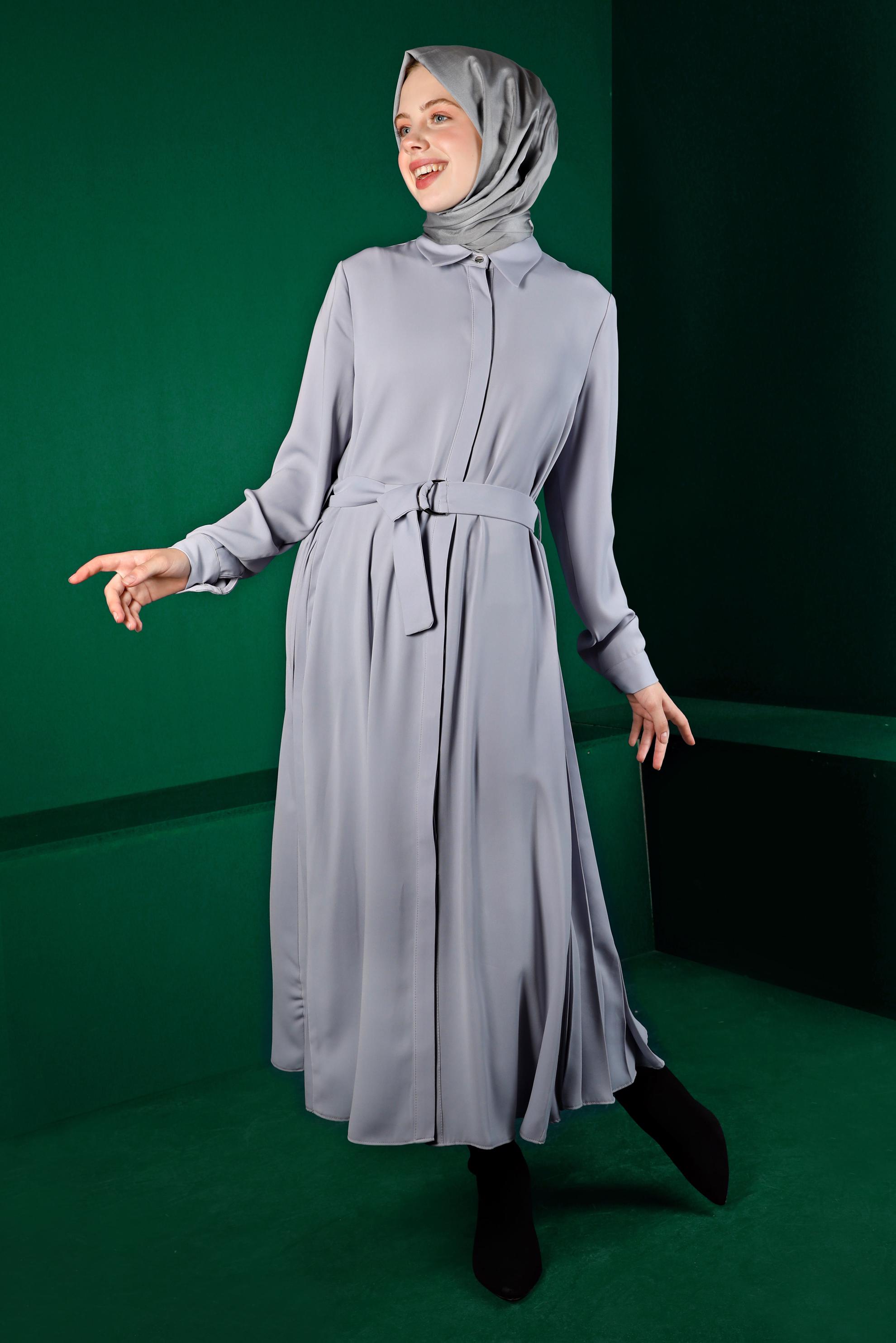 Tesettür giyim GRİ PİLİSE DETAYLI KEMERLİ TUNİK 43287