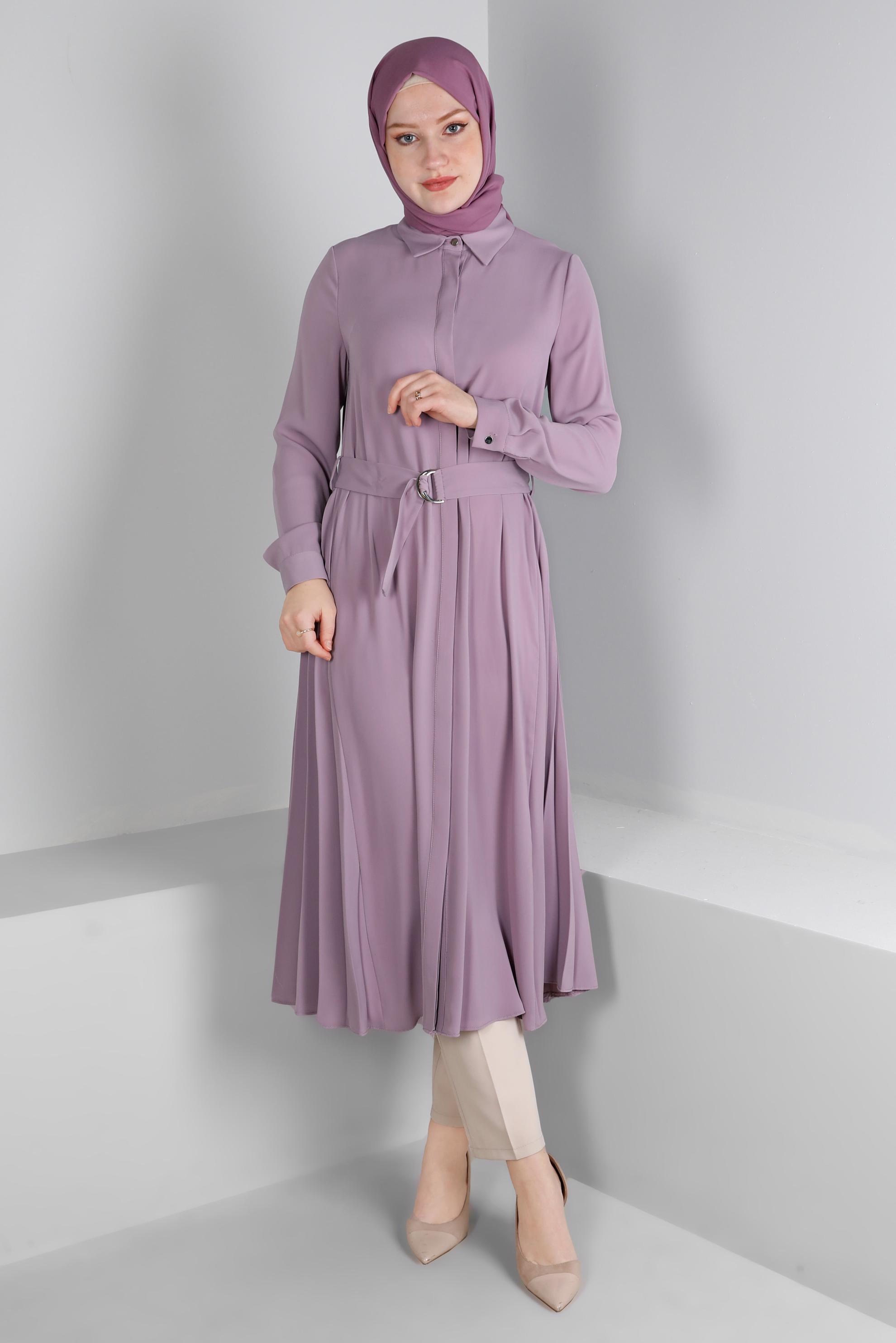 Vêtements hijab POURPRE TUNIQUE AVEC CEINTURE ET DÉTAILS PLIS 43287