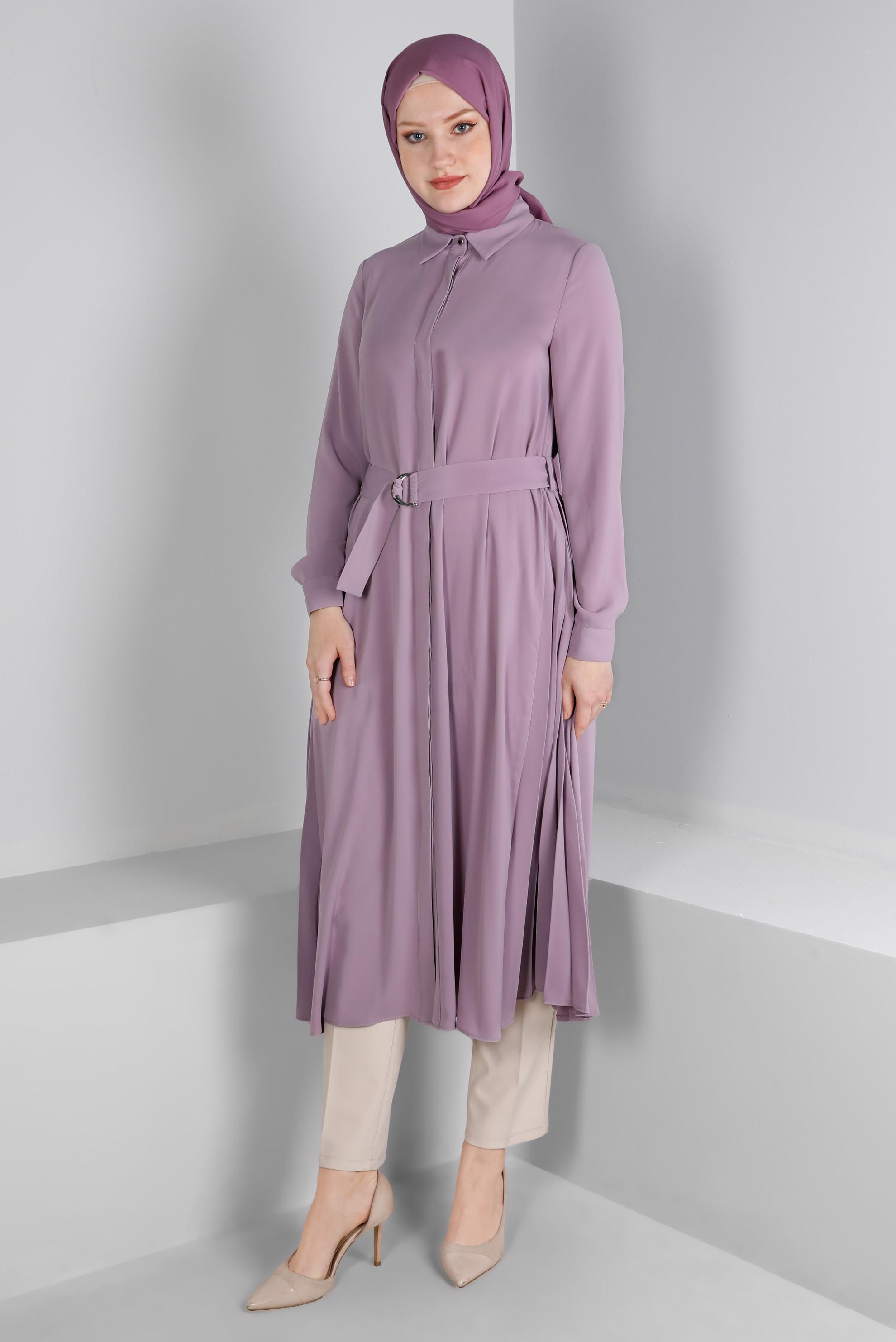 Vêtements hijab POURPRE TUNIQUE AVEC CEINTURE ET DÉTAILS PLIS 43287