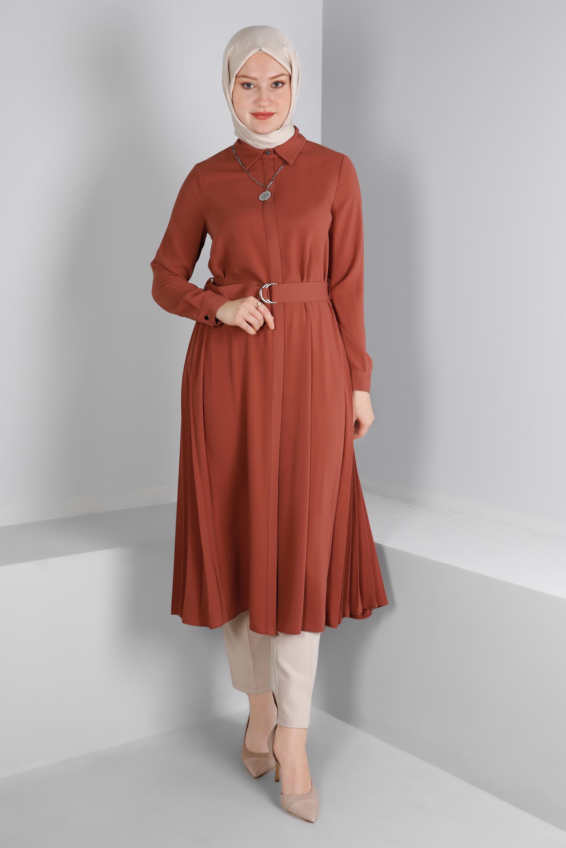 Vêtements hijab ORANGE TUNIQUE AVEC CEINTURE ET DÉTAILS PLIS 43287