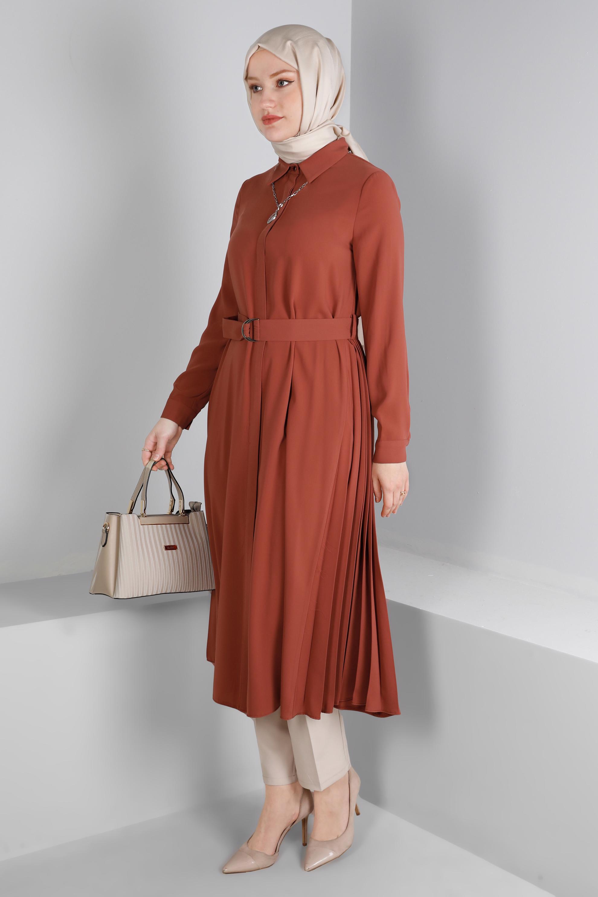 Vêtements hijab ORANGE TUNIQUE AVEC CEINTURE ET DÉTAILS PLIS 43287