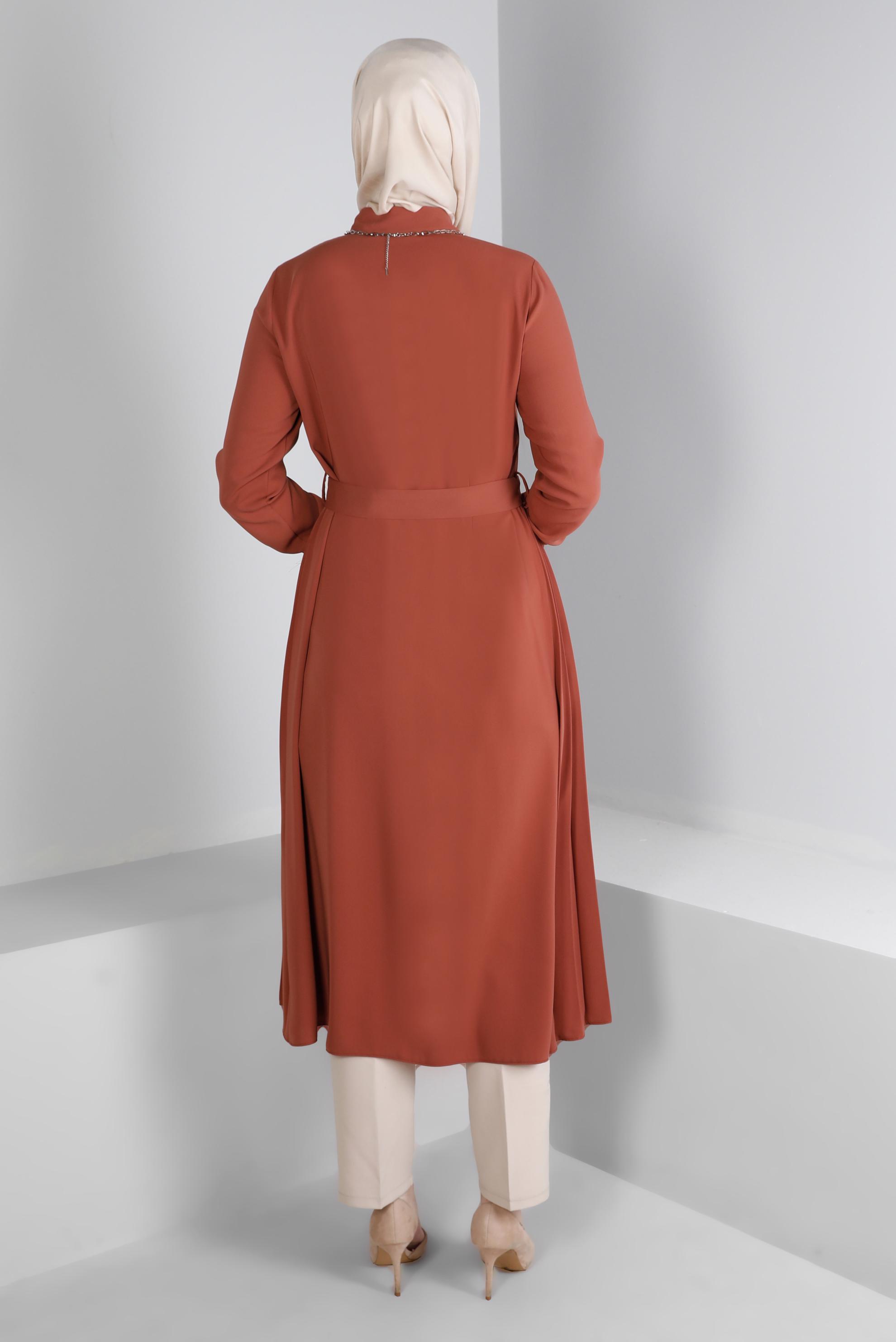 Vêtements hijab ORANGE TUNIQUE AVEC CEINTURE ET DÉTAILS PLIS 43287