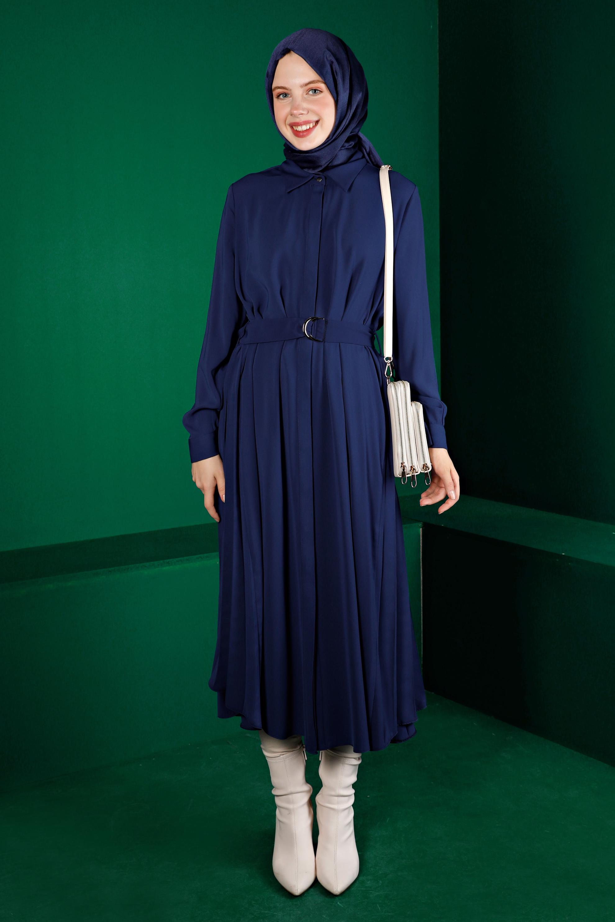 Tesettür giyim LACİVERT PİLİSE DETAYLI KEMERLİ TUNİK 43287