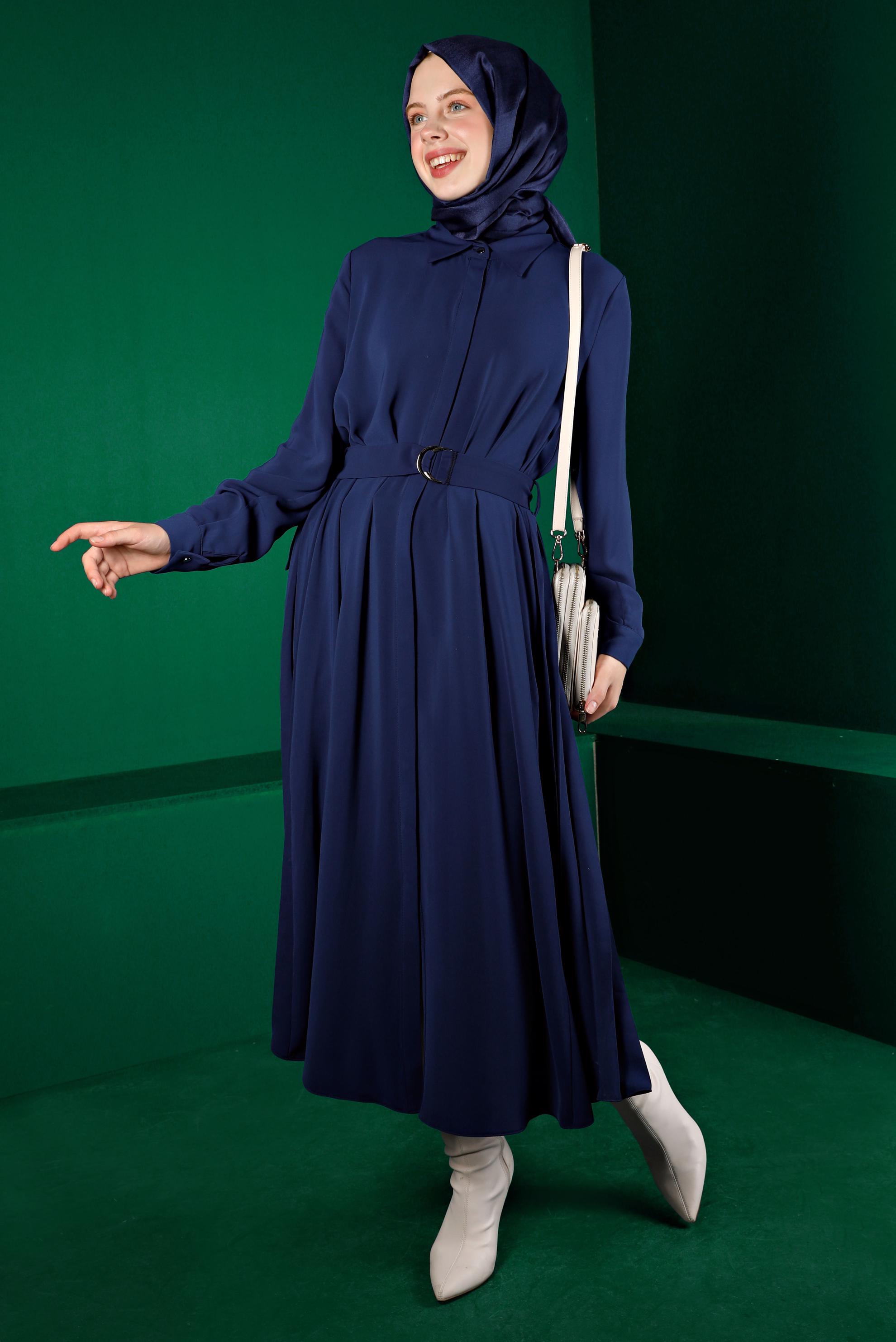 Tesettür giyim LACİVERT PİLİSE DETAYLI KEMERLİ TUNİK 43287