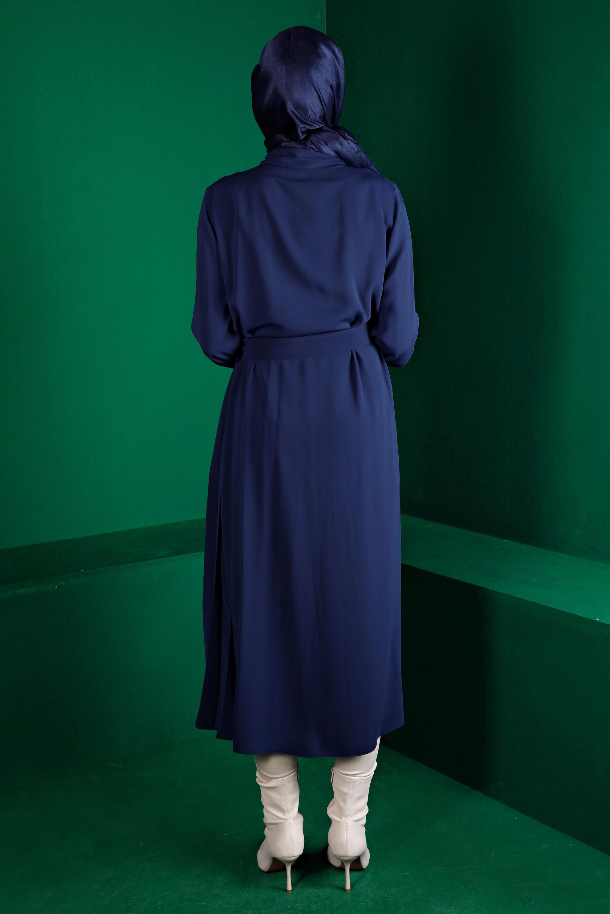 Tesettür giyim LACİVERT PİLİSE DETAYLI KEMERLİ TUNİK 43287