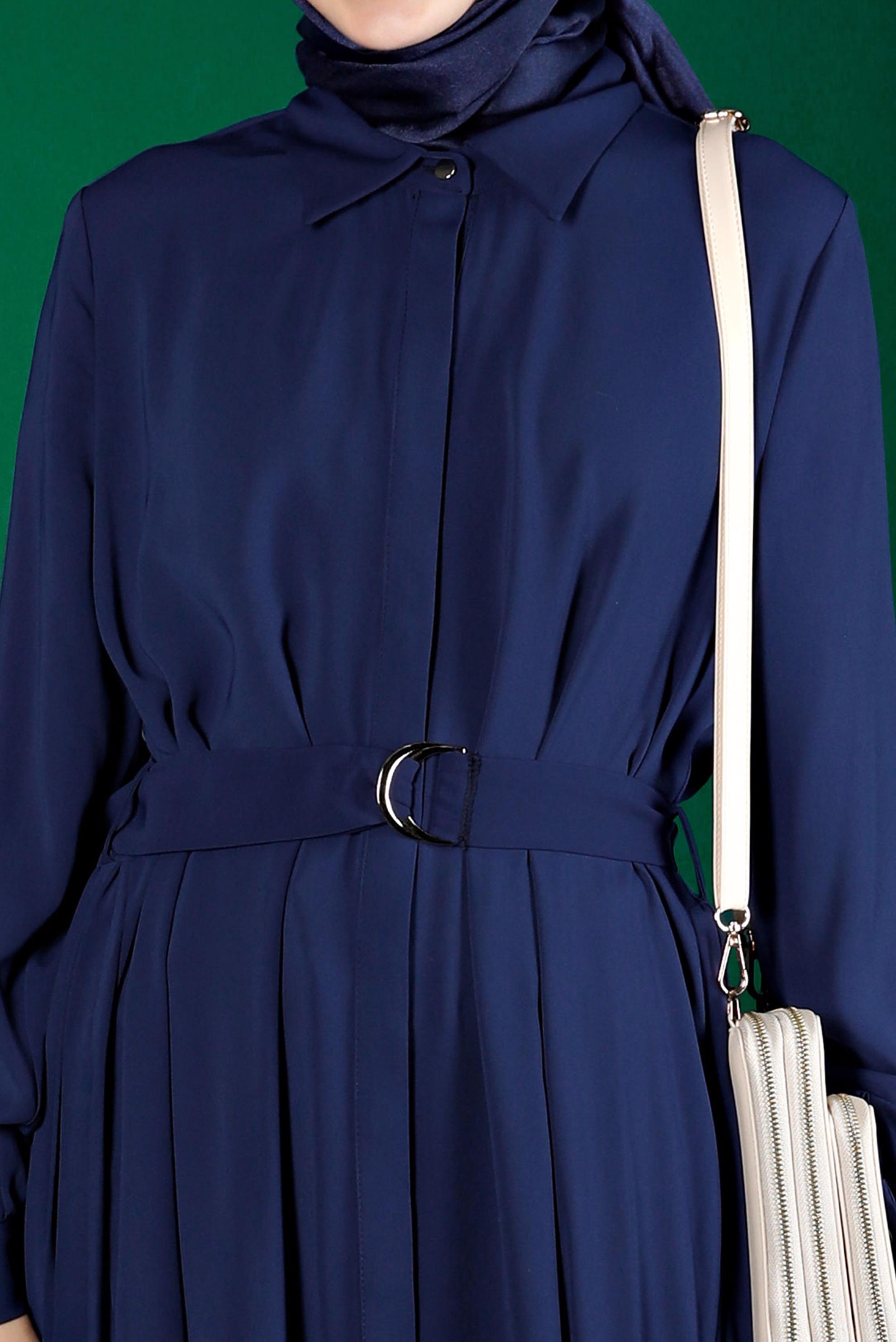 Tesettür giyim LACİVERT PİLİSE DETAYLI KEMERLİ TUNİK 43287