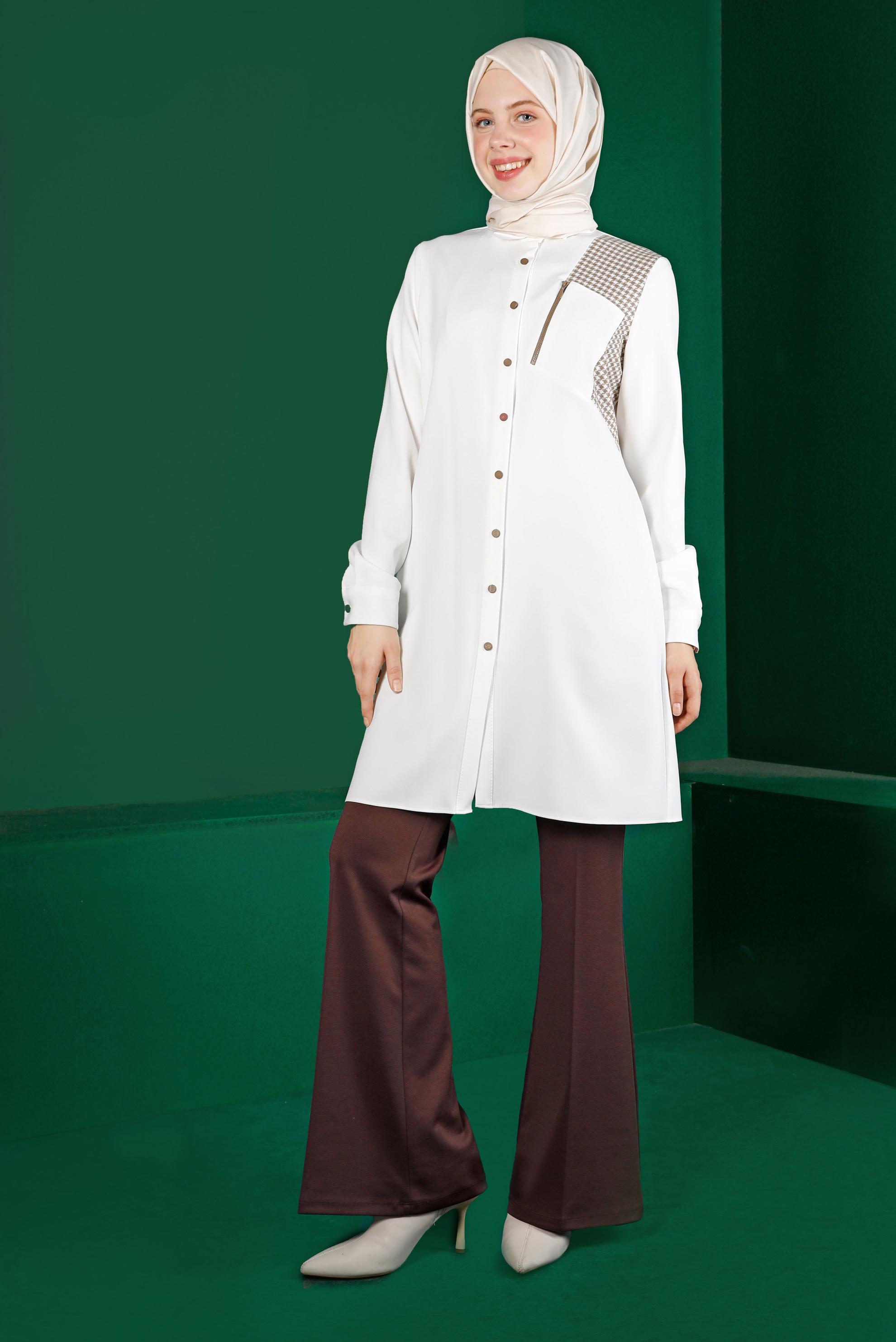 Hijab clothing WHITE HOUNDSTOOTH TEXTURE DETAIL BUTTONED TUNIC 43288 