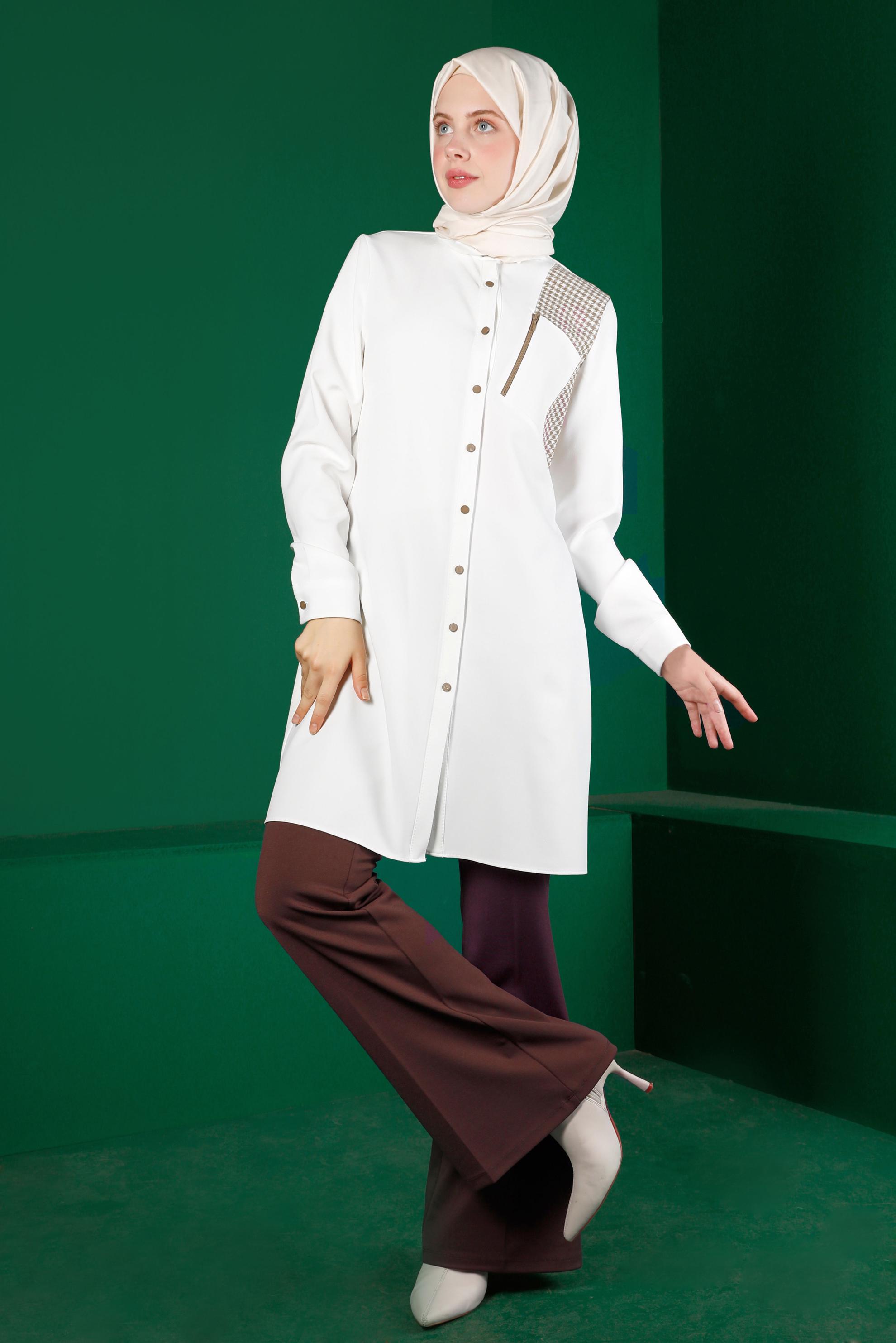 Hijab clothing WHITE HOUNDSTOOTH TEXTURE DETAIL BUTTONED TUNIC 43288 