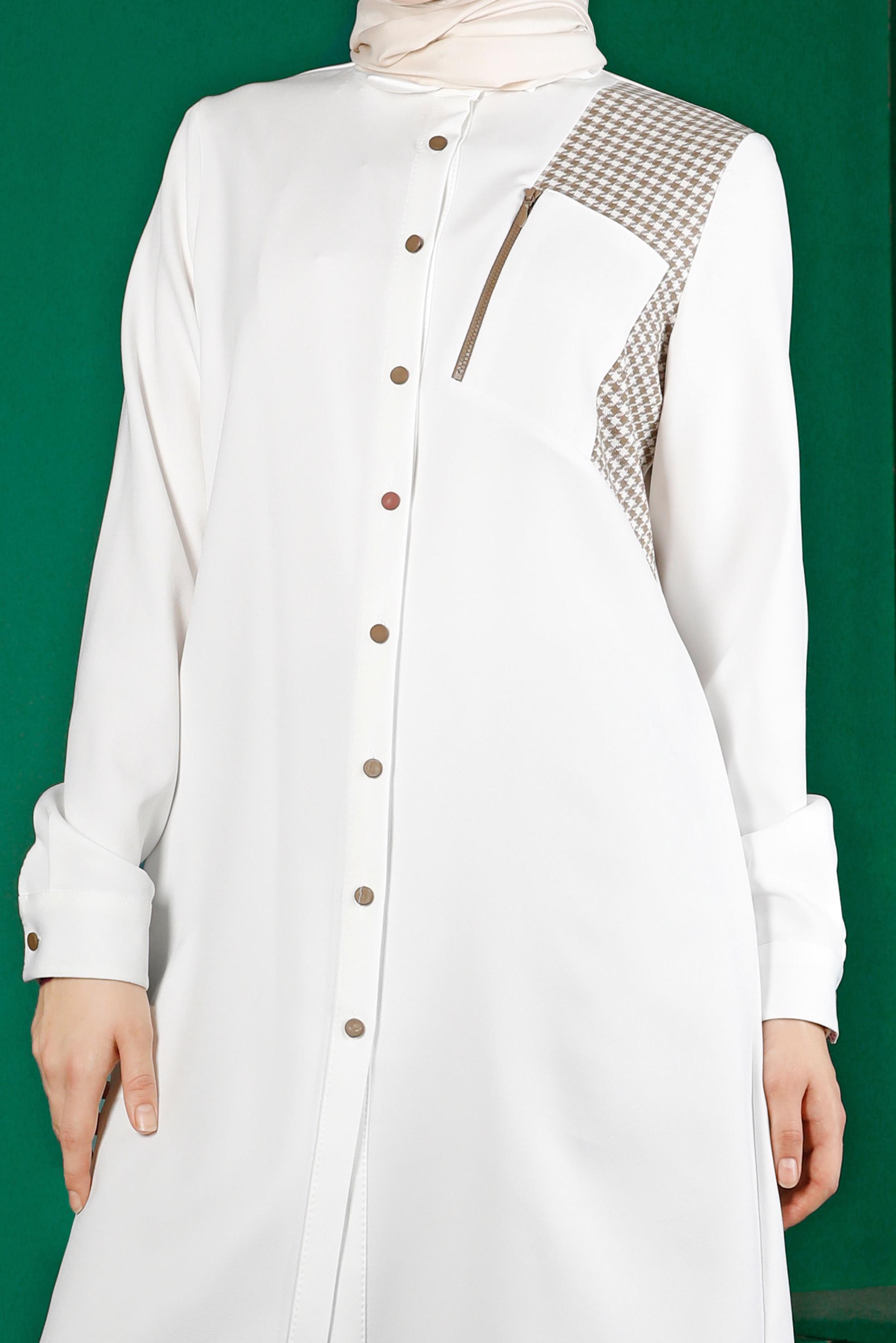 Hijab clothing WHITE HOUNDSTOOTH TEXTURE DETAIL BUTTONED TUNIC 43288 