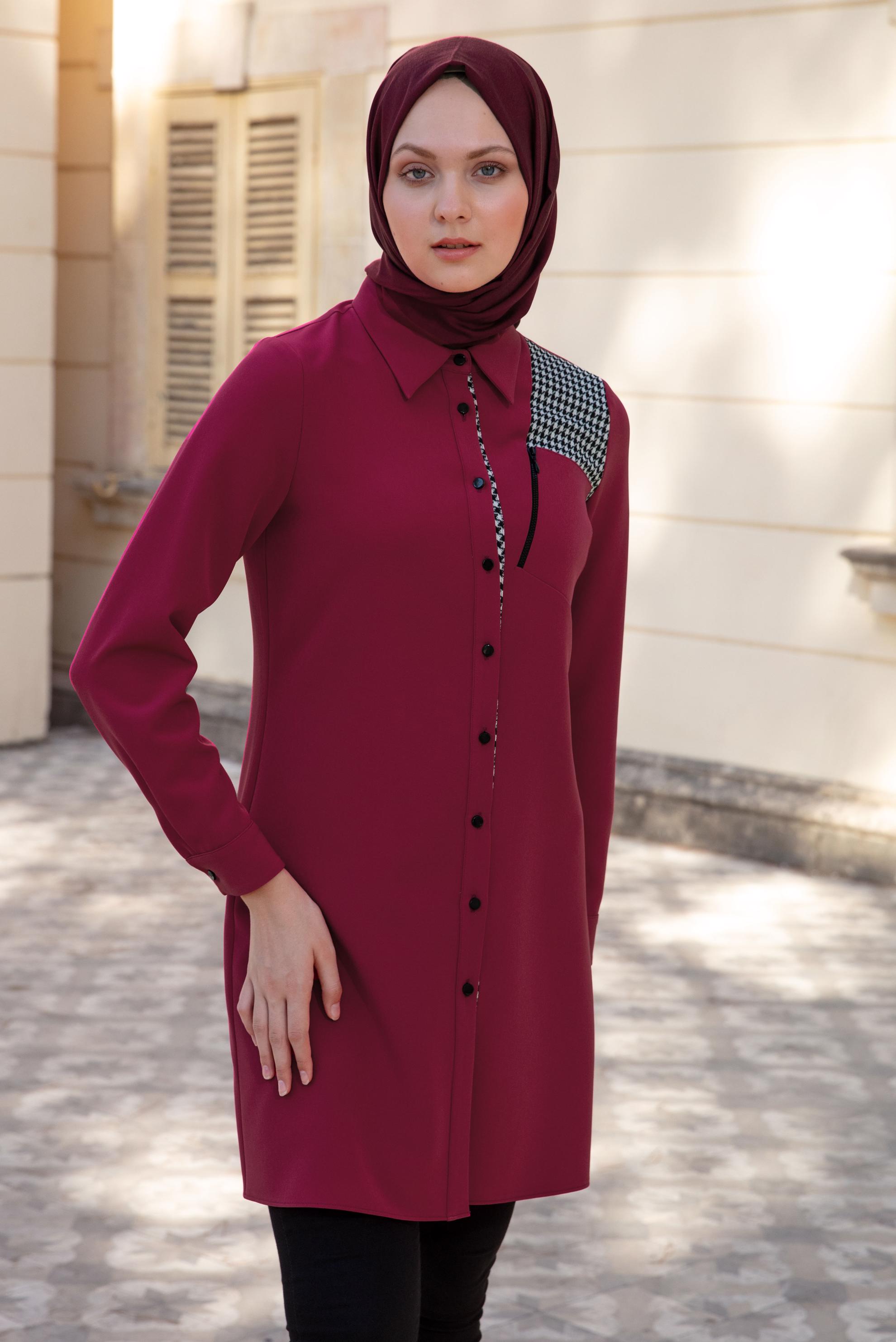 Tesettür giyim FUŞYA KAZAYAĞI DESEN DETAYLI DÜĞMELİ TUNİK 43288 