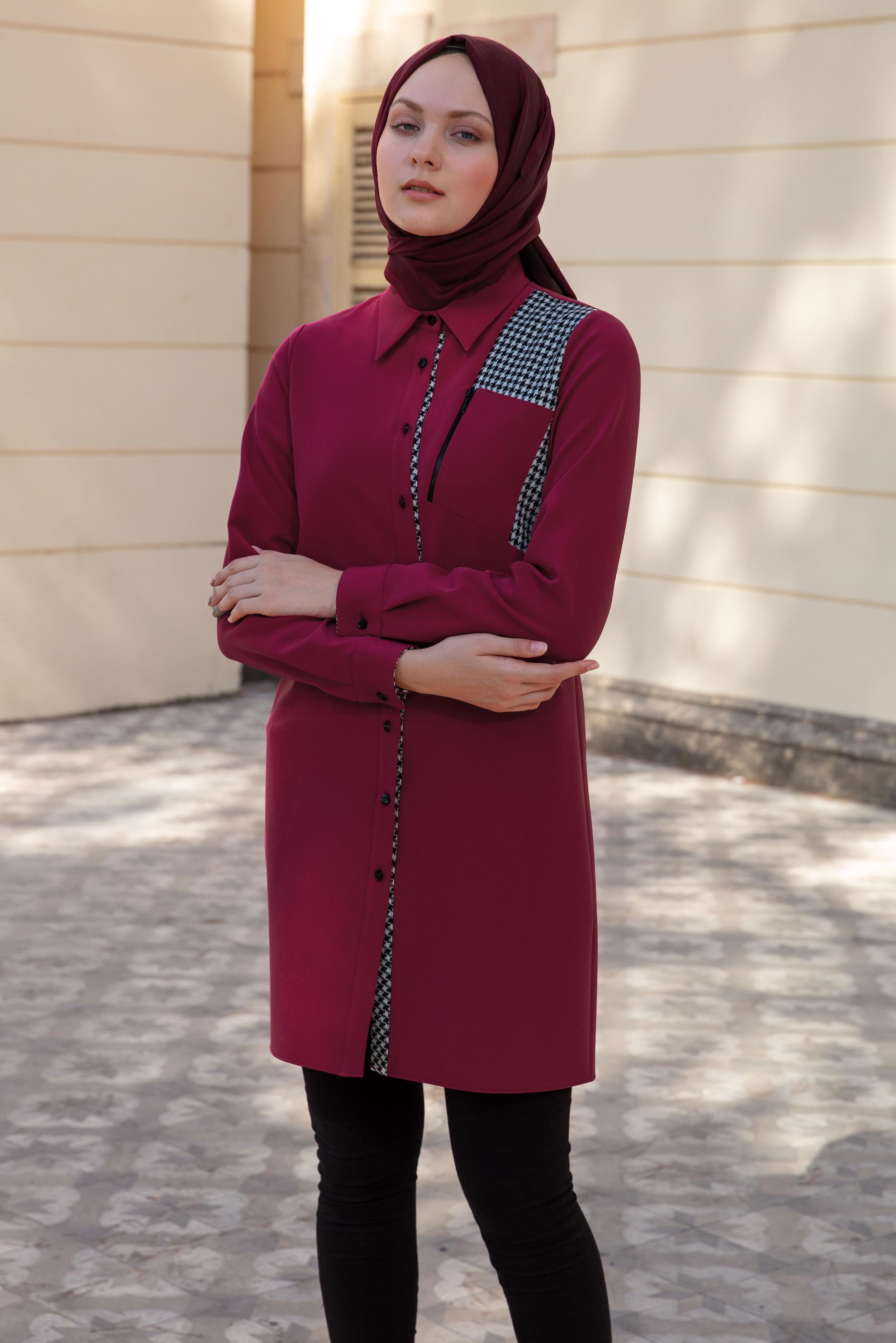 Tesettür giyim FUŞYA KAZAYAĞI DESEN DETAYLI DÜĞMELİ TUNİK 43288 