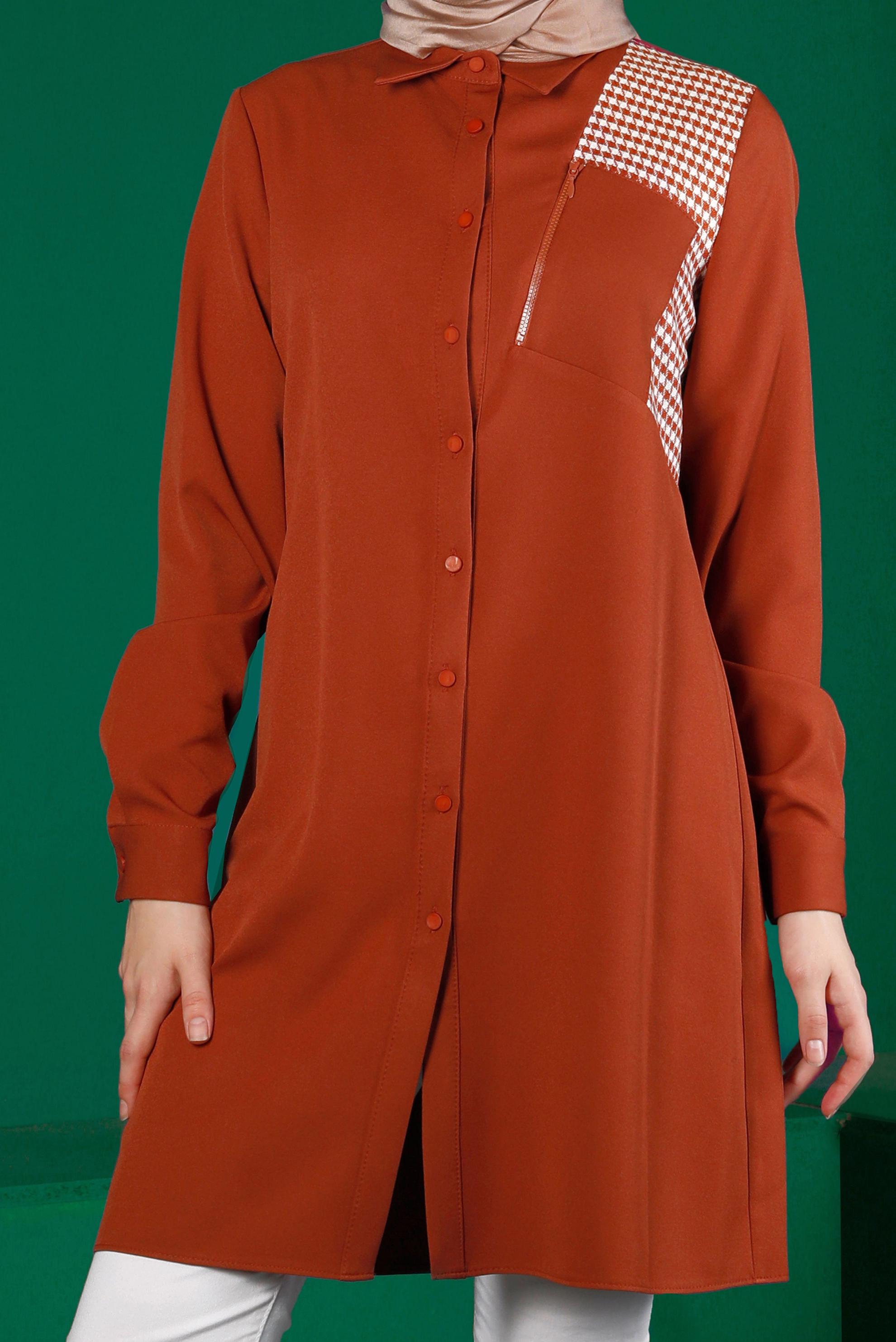 Tesettür giyim KAHVE KAZAYAĞI DESEN DETAYLI DÜĞMELİ TUNİK 43288 