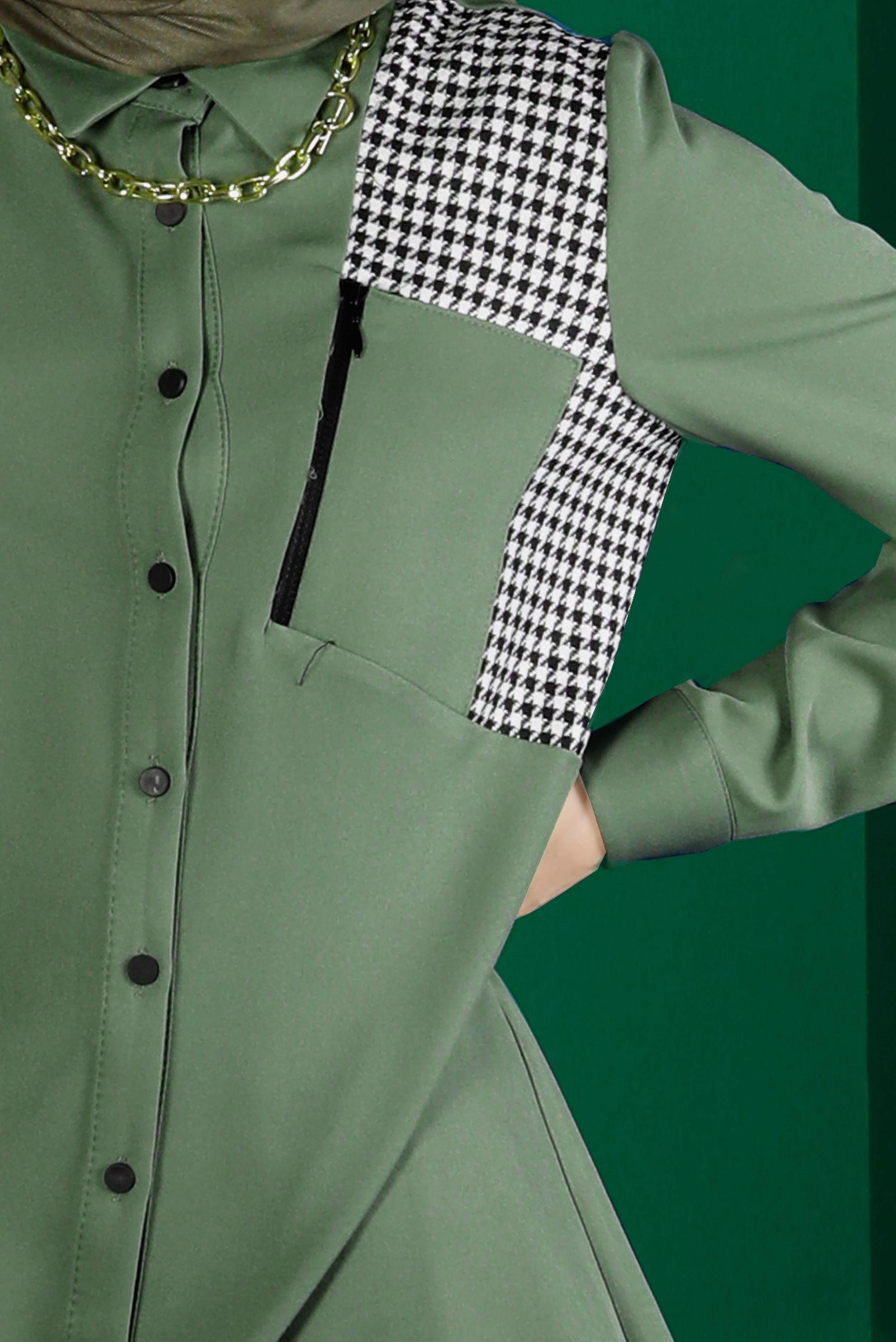 Tesettür giyim YEŞİL KAZAYAĞI DESEN DETAYLI DÜĞMELİ TUNİK 43288 