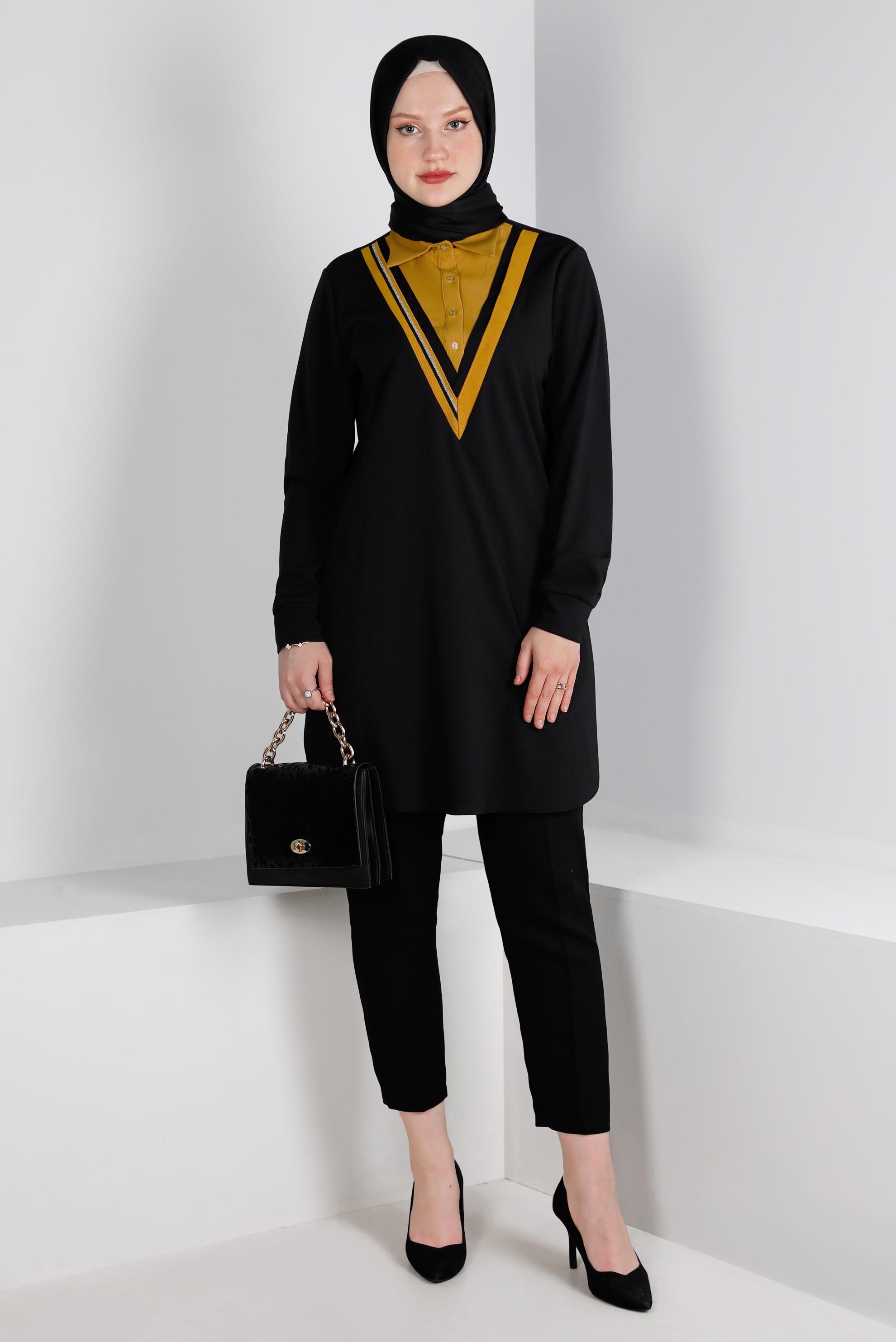 Tesettür giyim SİYAH GÖMLEK YAKA TUNİK 43290